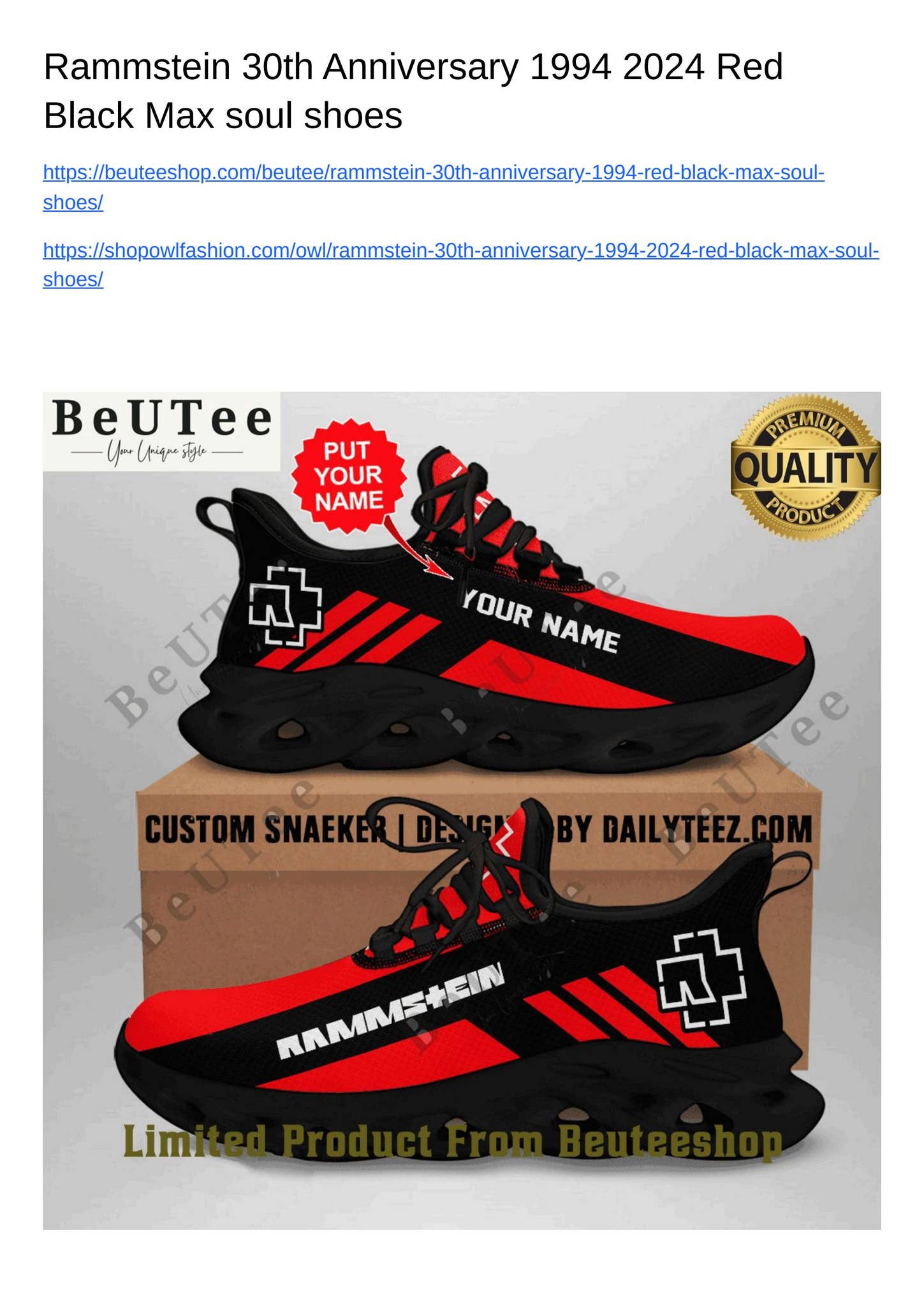 Rammstein 30th Anniversary 1994 Red Black Max soul shoes by