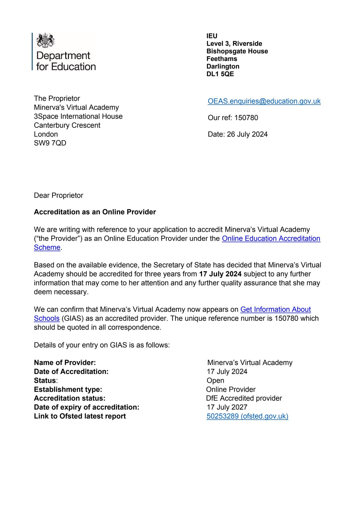MVA DfE Accreditation Letter by Hugo Davison - Issuu