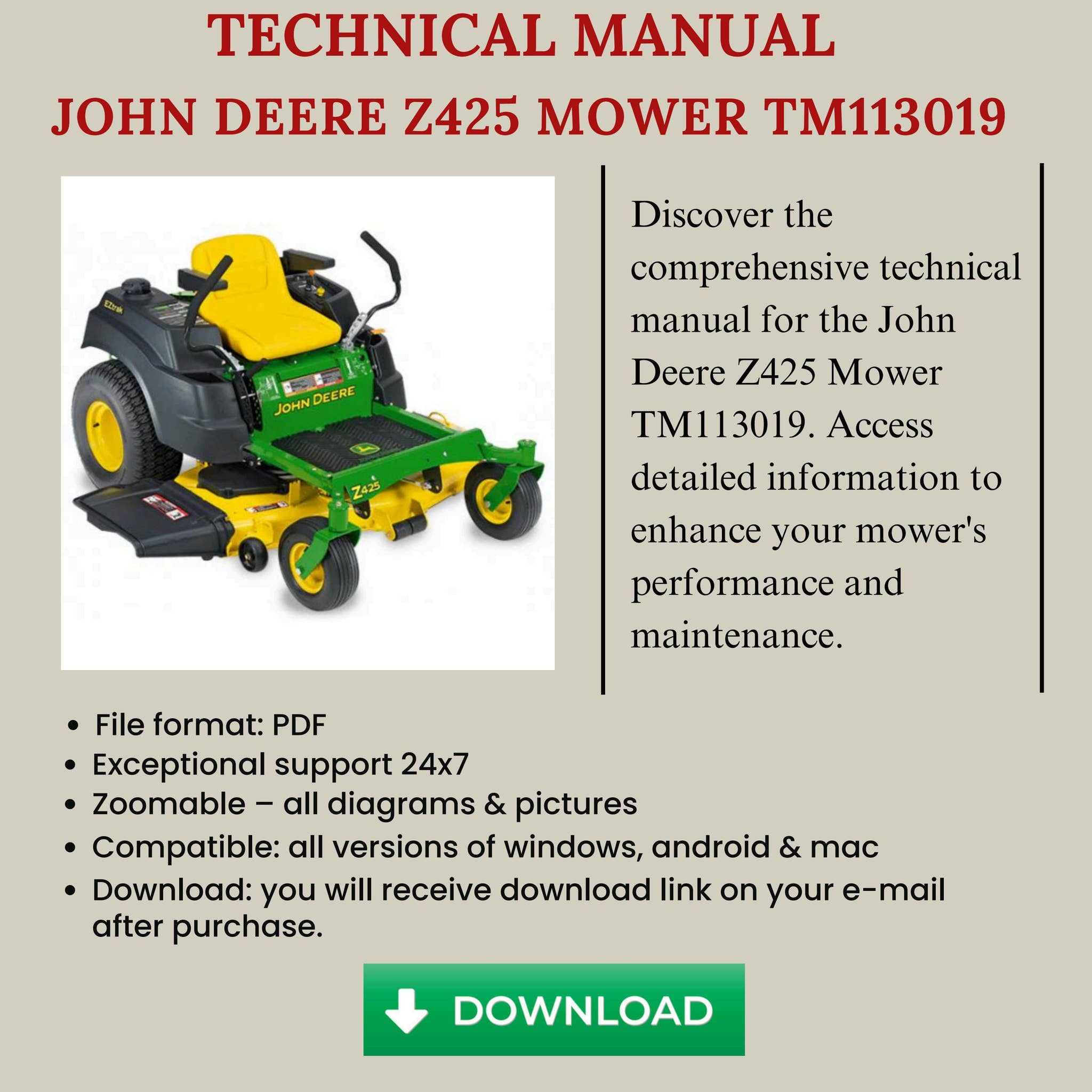 TMリクエスト 4点 まとめ商品 TECHNICAL MANUAL - JOHN DEERE Z425 MOWER TM113019 by Factory