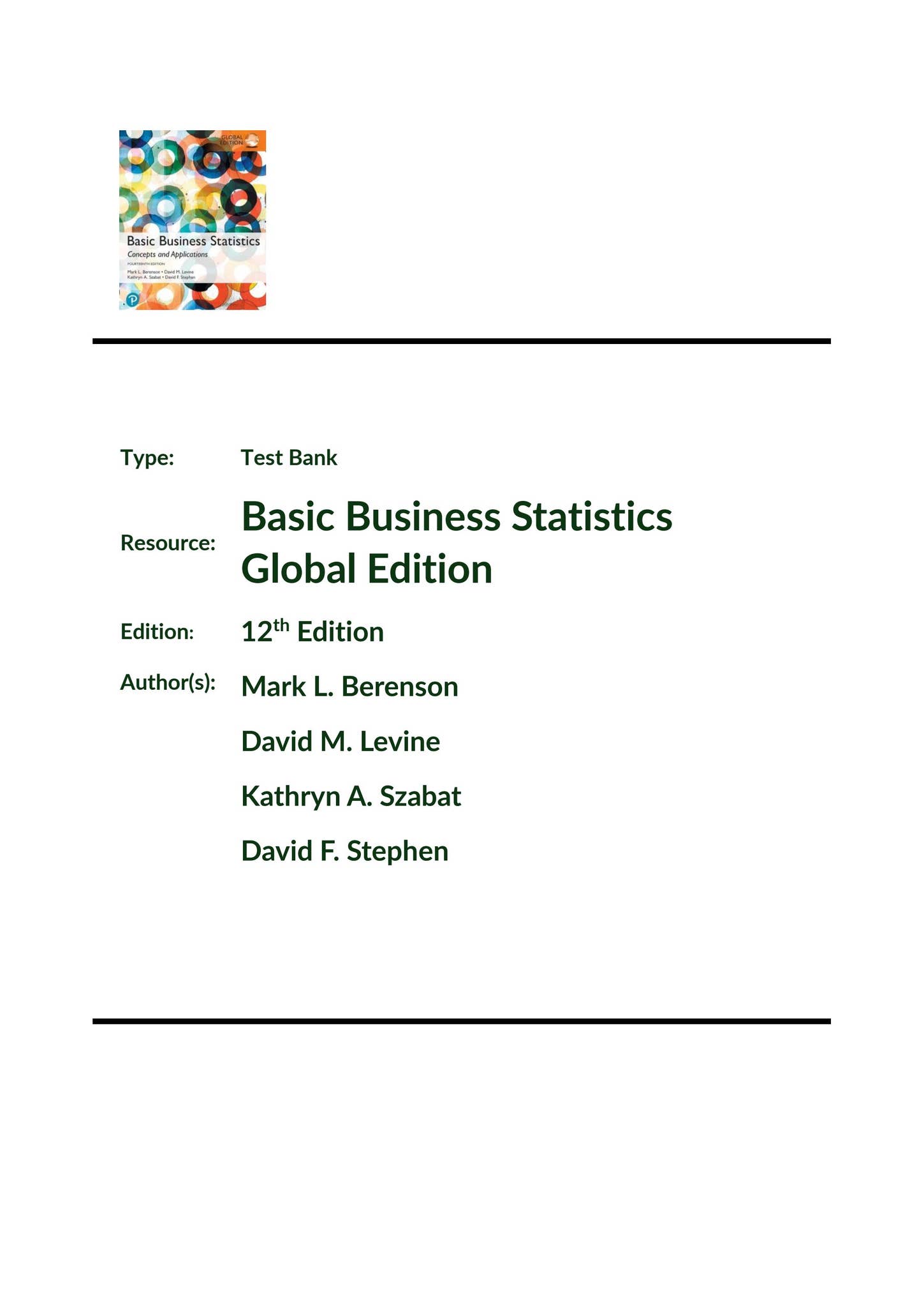 Basic Business Statistics Global Edition, 12E Mark Berenson Test Bank ...