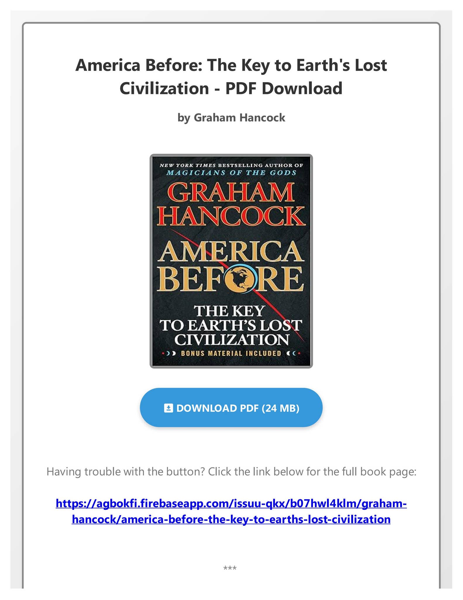 America Before The Key To Earth's Lost Civilization Audiobook (PDF Free) America Before: The Key to Earth's Lost Civilization by