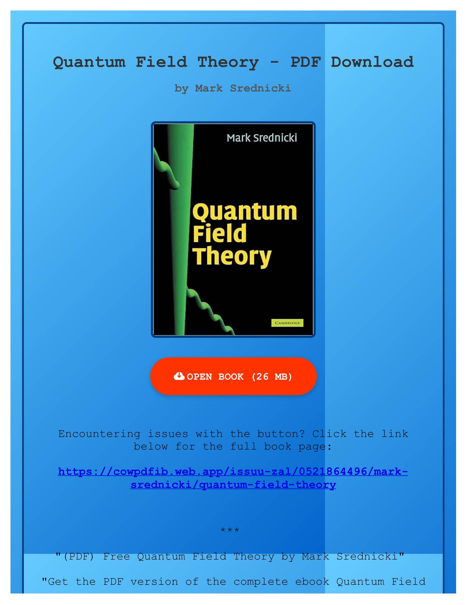 洋書 Quantum Field Theory by Mark Srednicki PDF) Free Quantum Field Theory by Mark Srednicki by