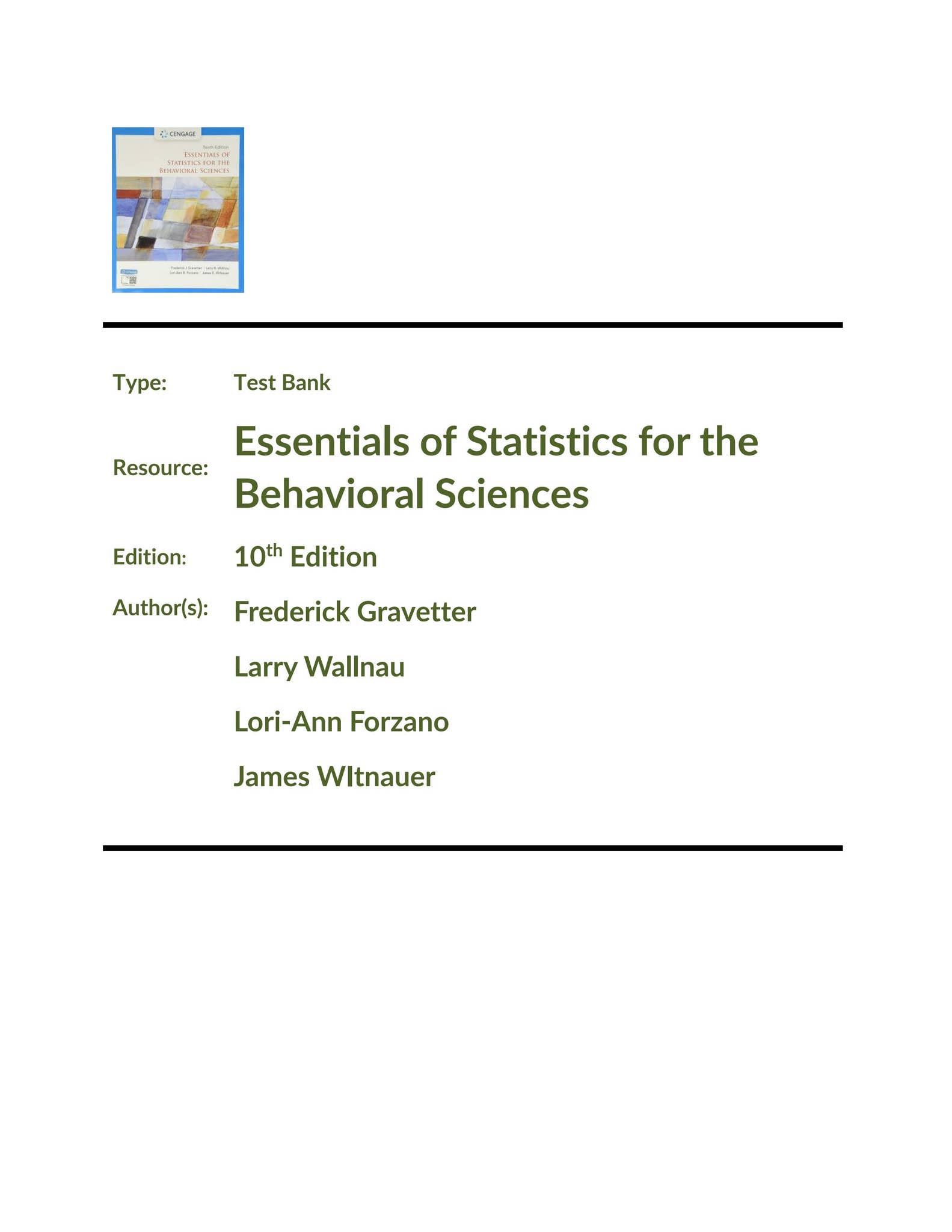 Test Bank for Essentials of Statistics for the Behavioral Sciences 10th ...