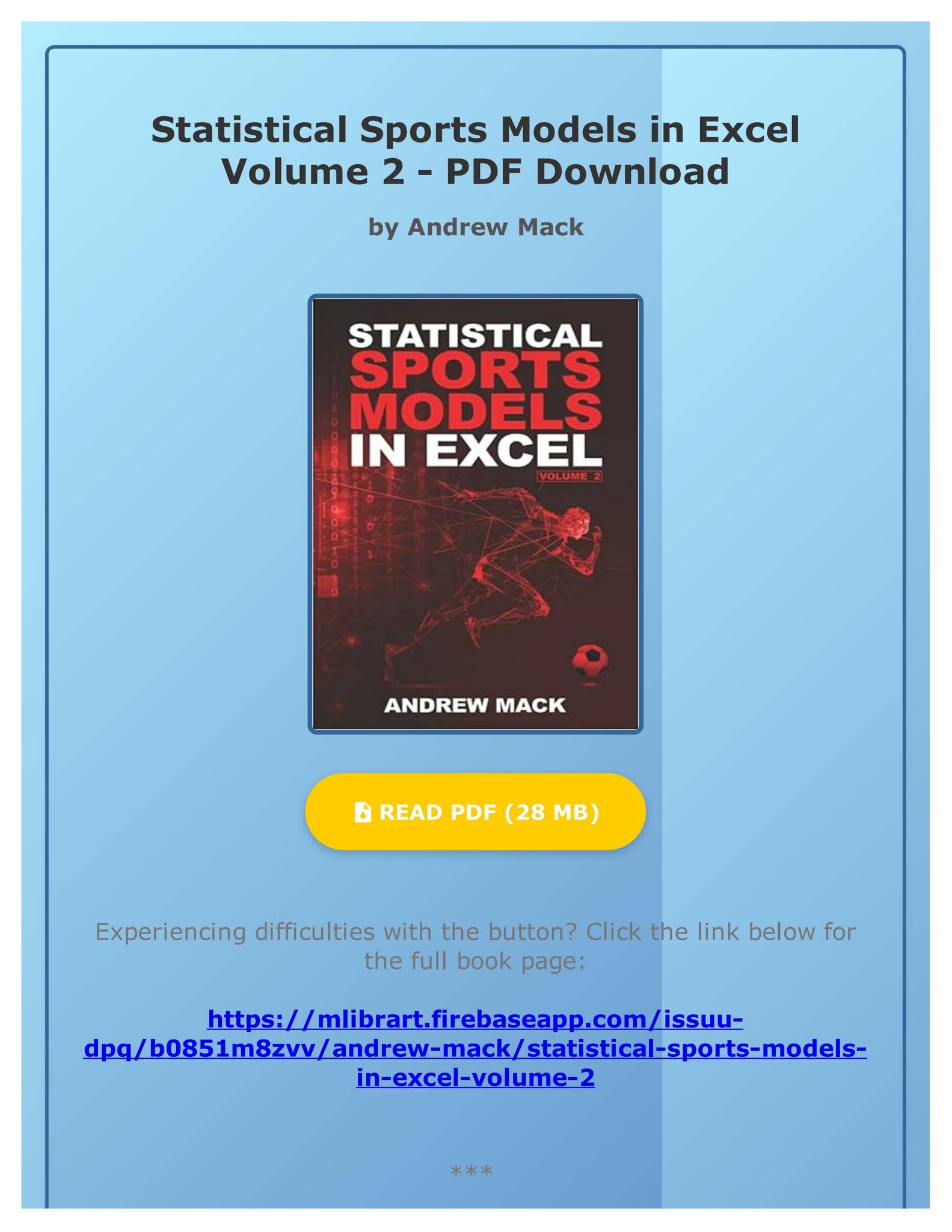 PDF Statistical Sports Models in Excel Volume 2 by Andrew