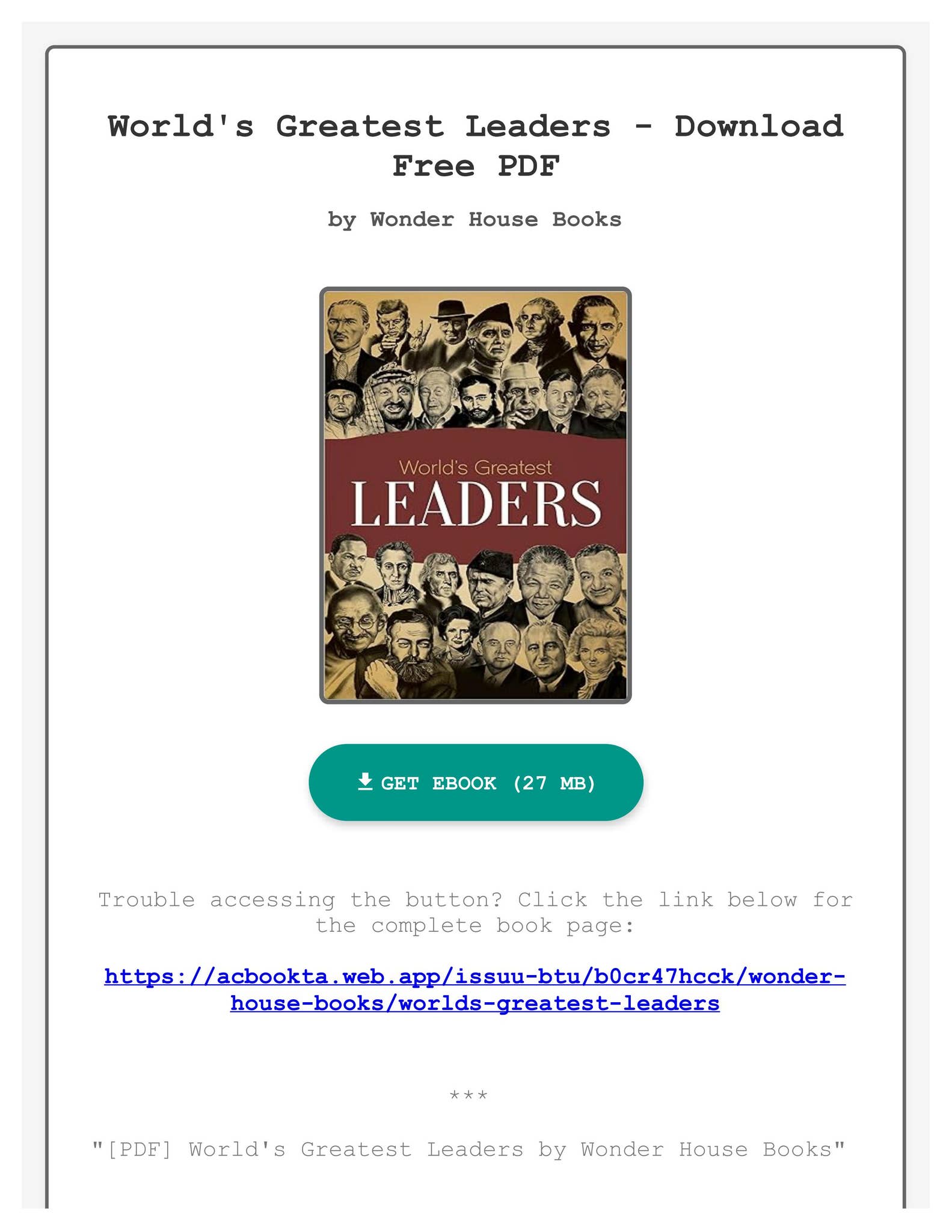 大リーダーの世界 = The Worlds of Great Leaders PDF] World's Greatest Leaders by Wonder House Books by