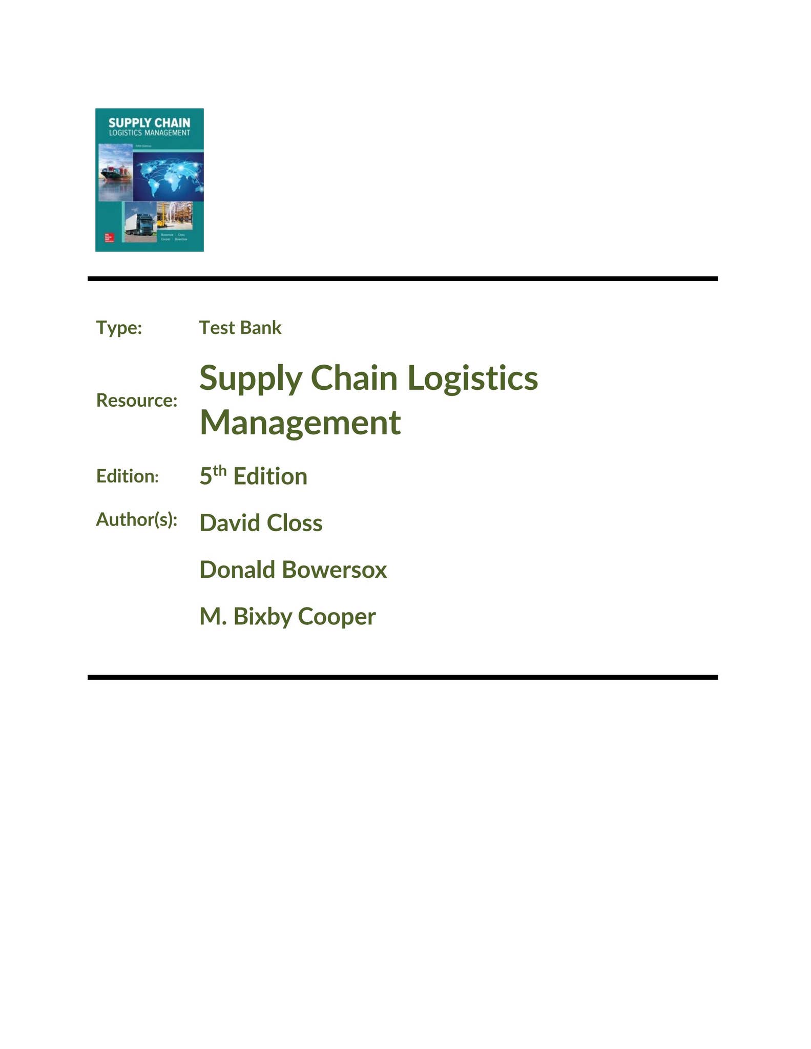 Test Bank for Supply Chain Logistics Management 5th Edition by TBtutors ...