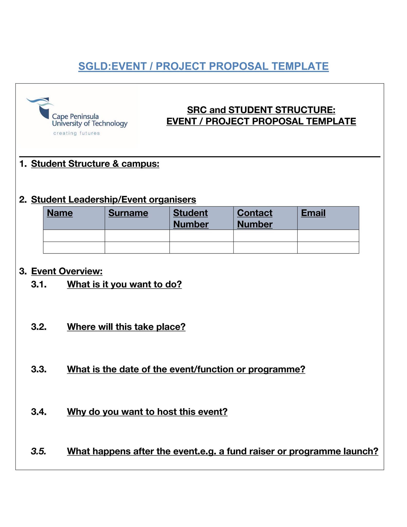 SGLD Event Proposal Template by Cape Peninsula University of Technology ...