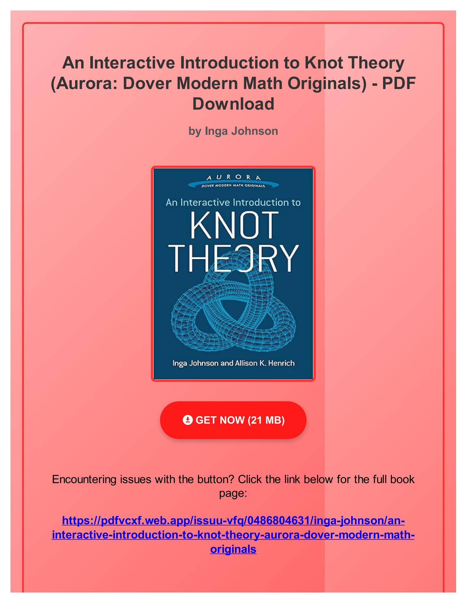 PDF Ebook An Interactive Introduction to Knot Theory (Aurora