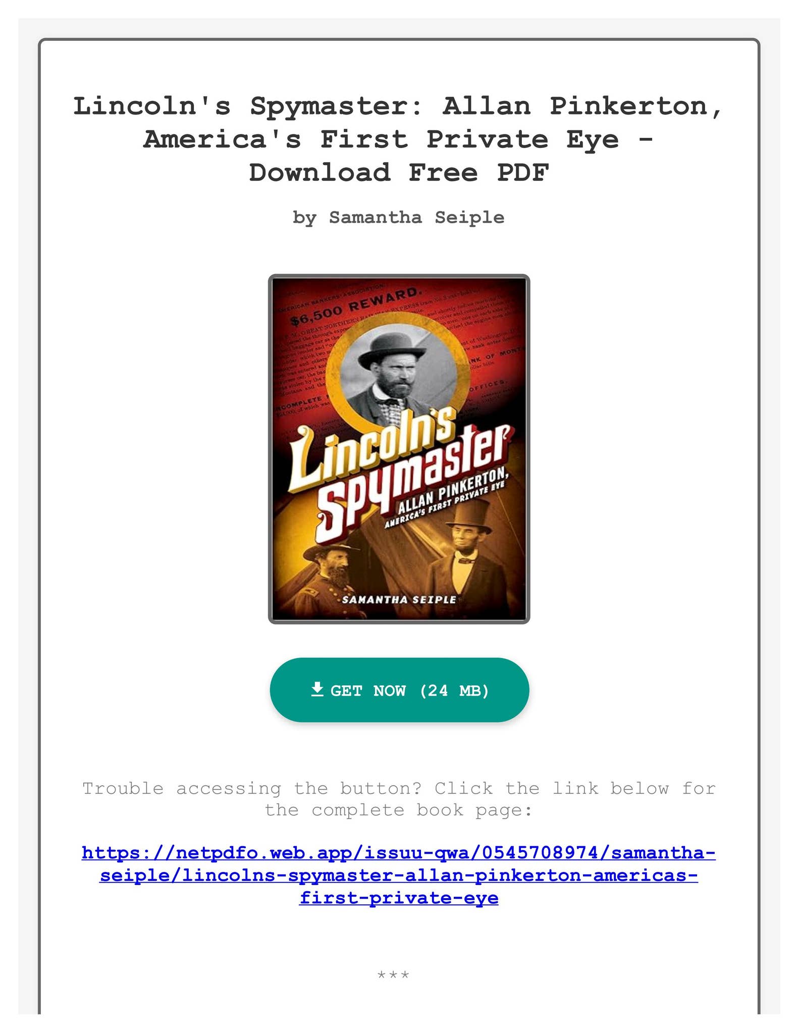 Download) Lincoln's Spymaster: Allan Pinkerton, America&