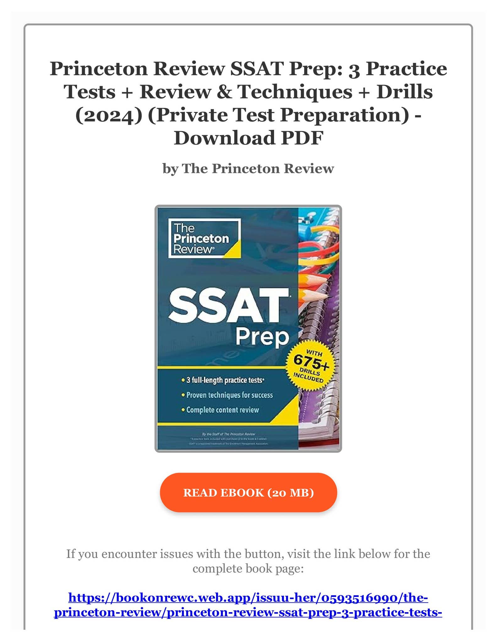PDF Download) Princeton Review SSAT Prep: 3 Practice Tests +