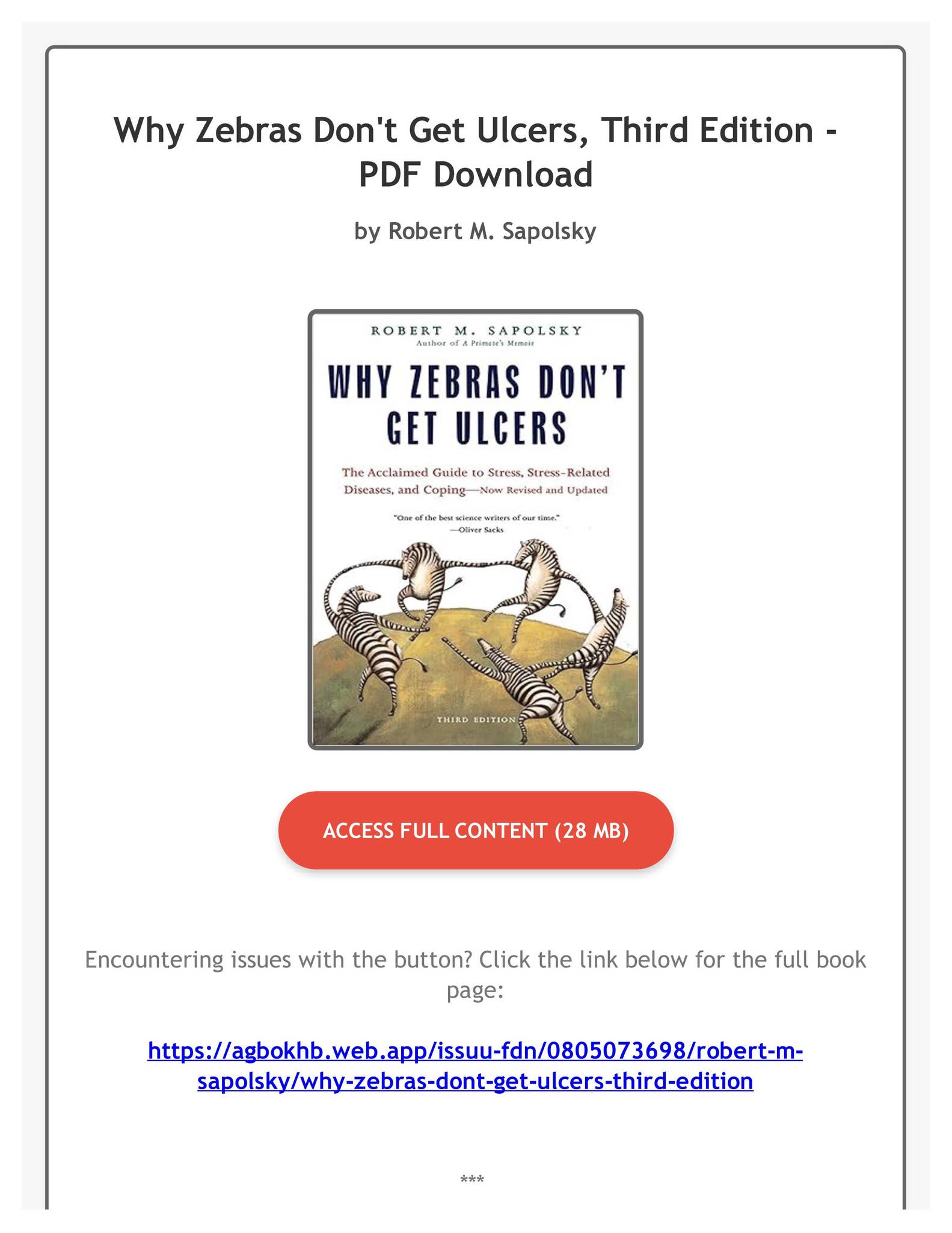 Why Zebras Don T Get Ulcers Audiobook Free (PDF Free) Why Zebras Don't Get Ulcers, Third Edition by Robert M