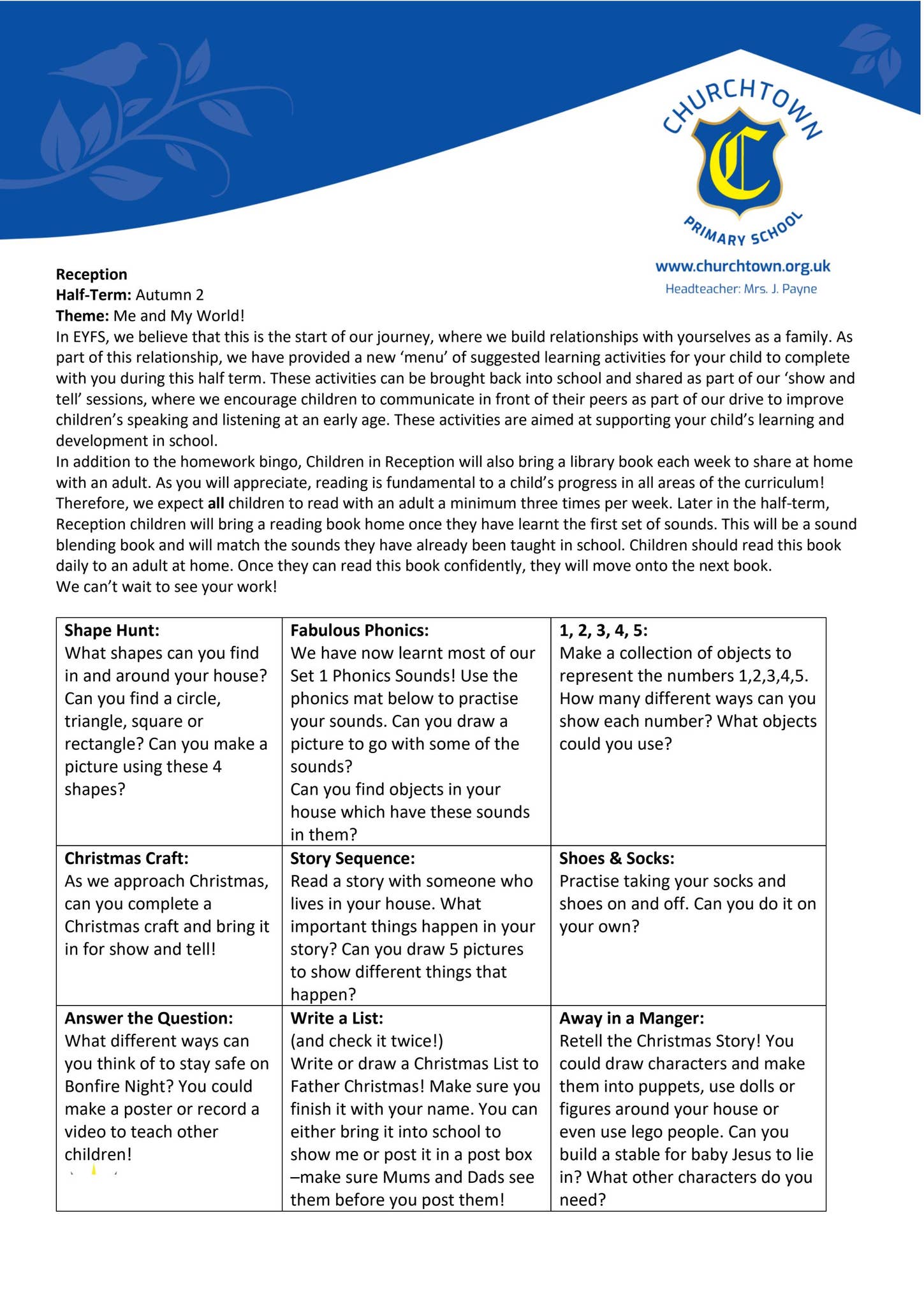 Reception Aut 2 Homework Menu by Schudio - Issuu
