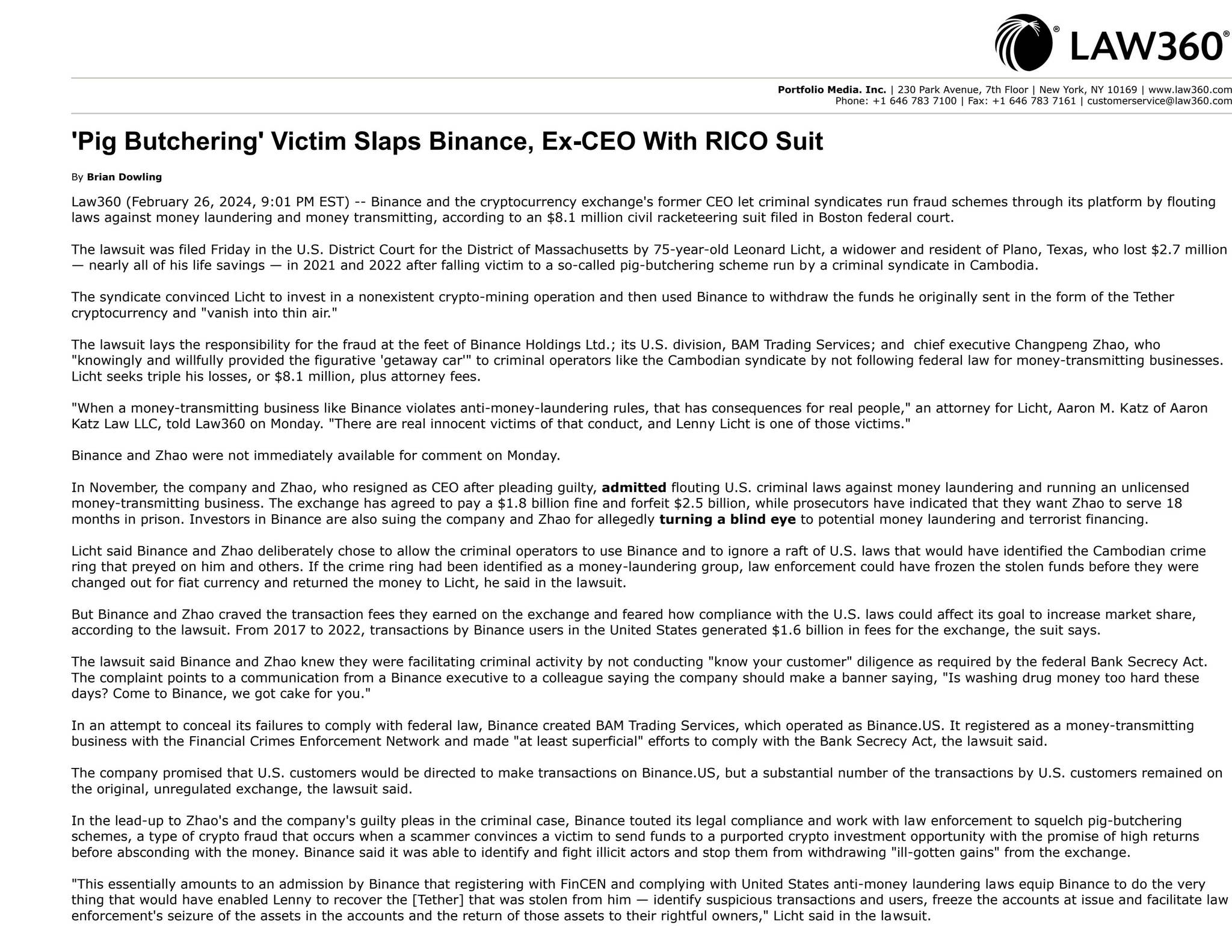 'Pig Butchering' Victim Slaps Binance, Ex-CEO With RICO Suit by  dynamisllp - Issuu