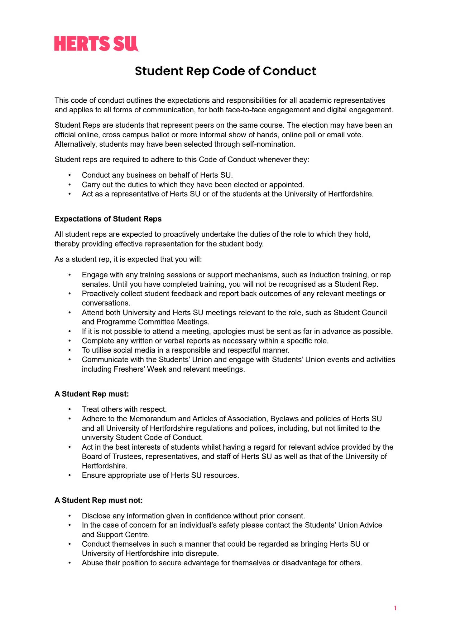 Student Rep: Code of Conduct by Hertfordshire Students' Union - Issuu