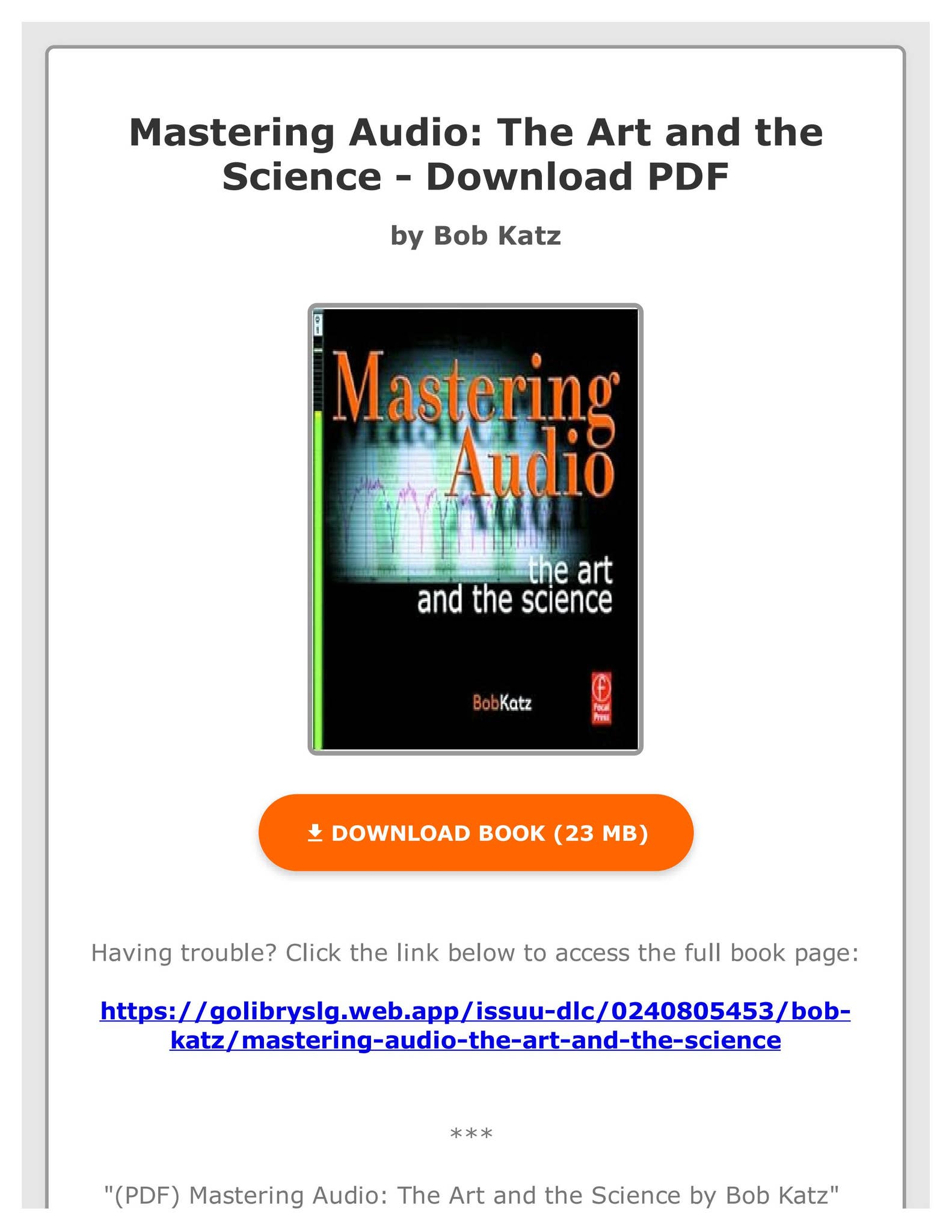 アート・デザイン・音楽 Mastering Audio The Art and the Science Mastering Audio: The Art and the Science: Katz, Bob