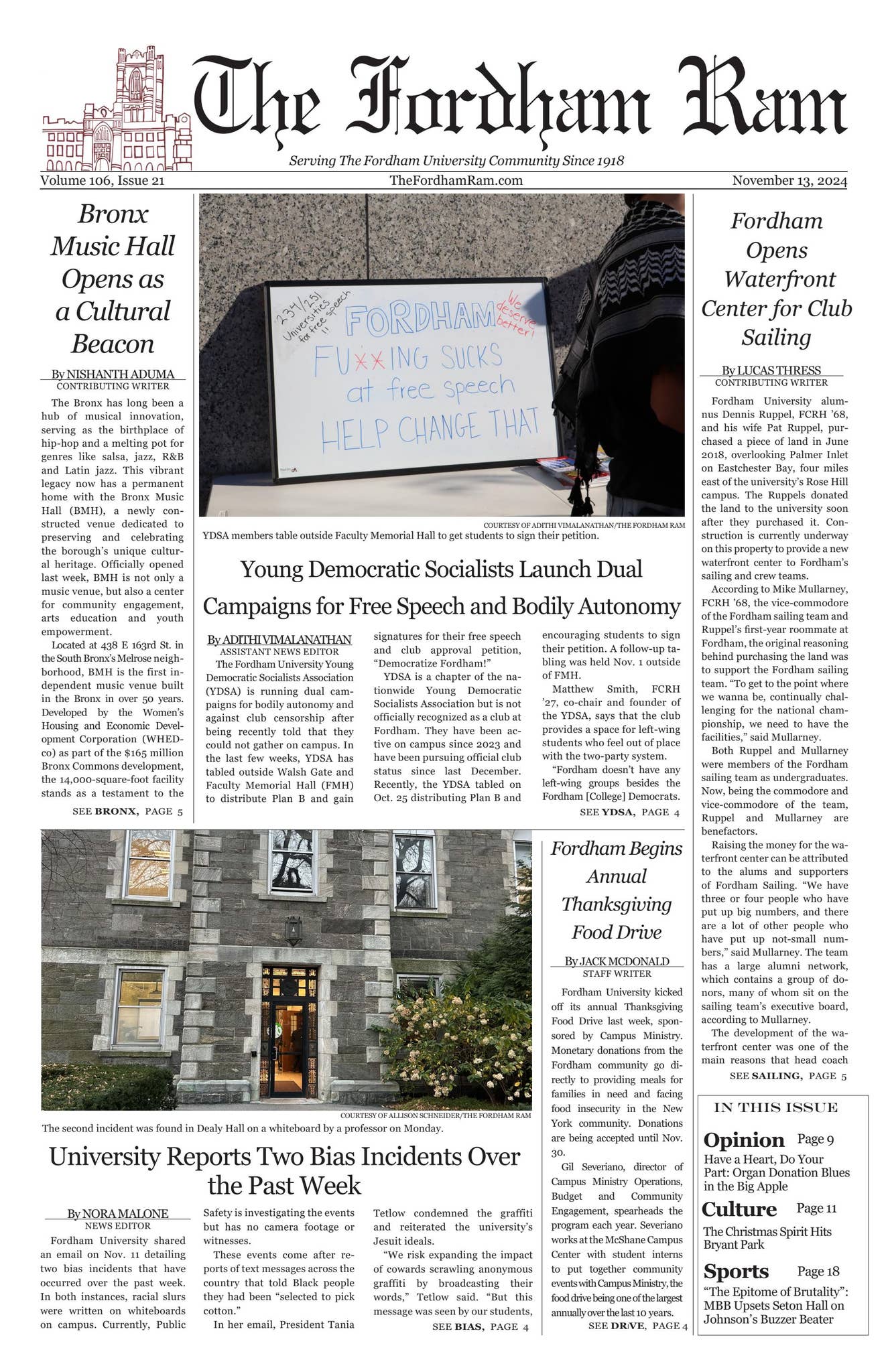 A Fordham Ram issue with a headline about academic drama-contrasting with personal passions