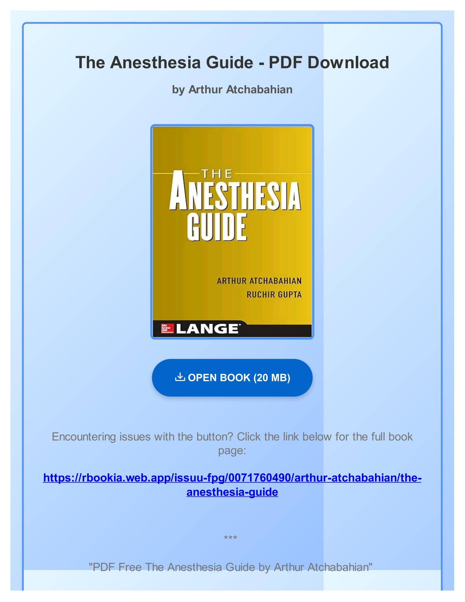 【中古】 The Anesthesia Guide/MCGRAW HILL BOOK CO/Arthur Atchabahian Ebook_The_Anesthesia_GuidePDF Free The Anesthesia Guide by