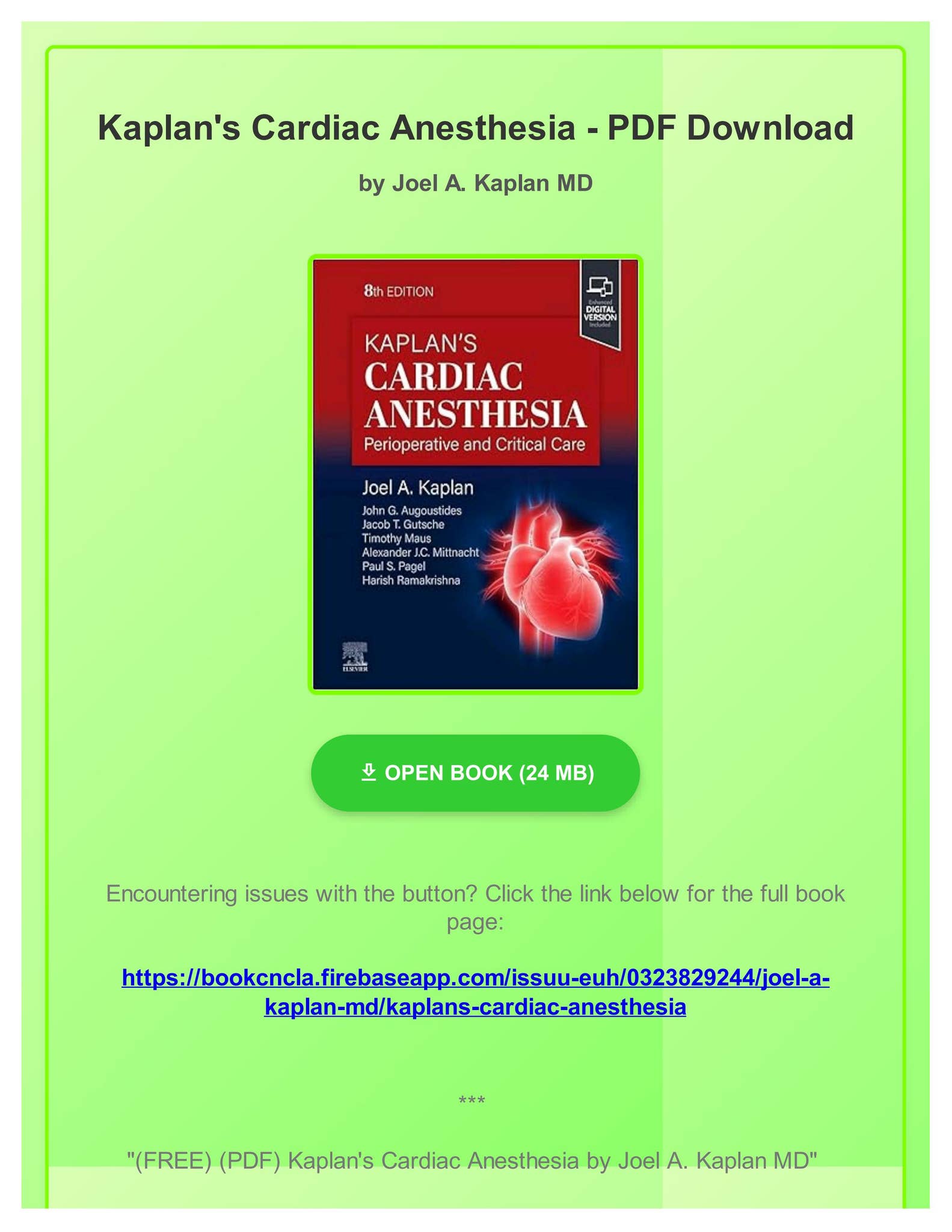 Kaplan’s Cardiac Anesthesia Kaplan's Cardiac Anesthesia: In Cardiac and Noncardiac