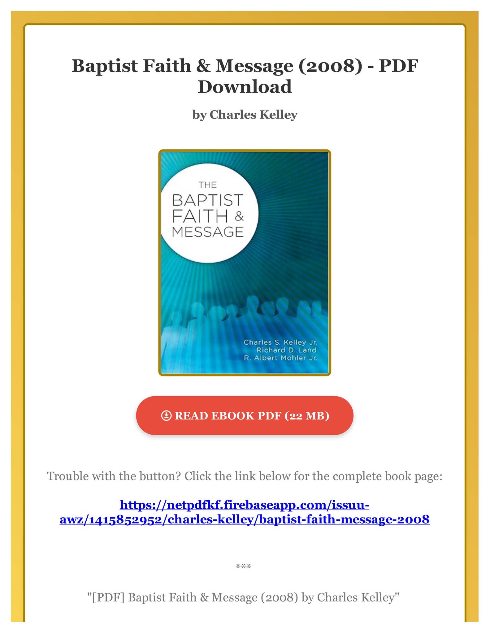 PDF] Baptist Faith & Message (2008) by Charles Kelley by
