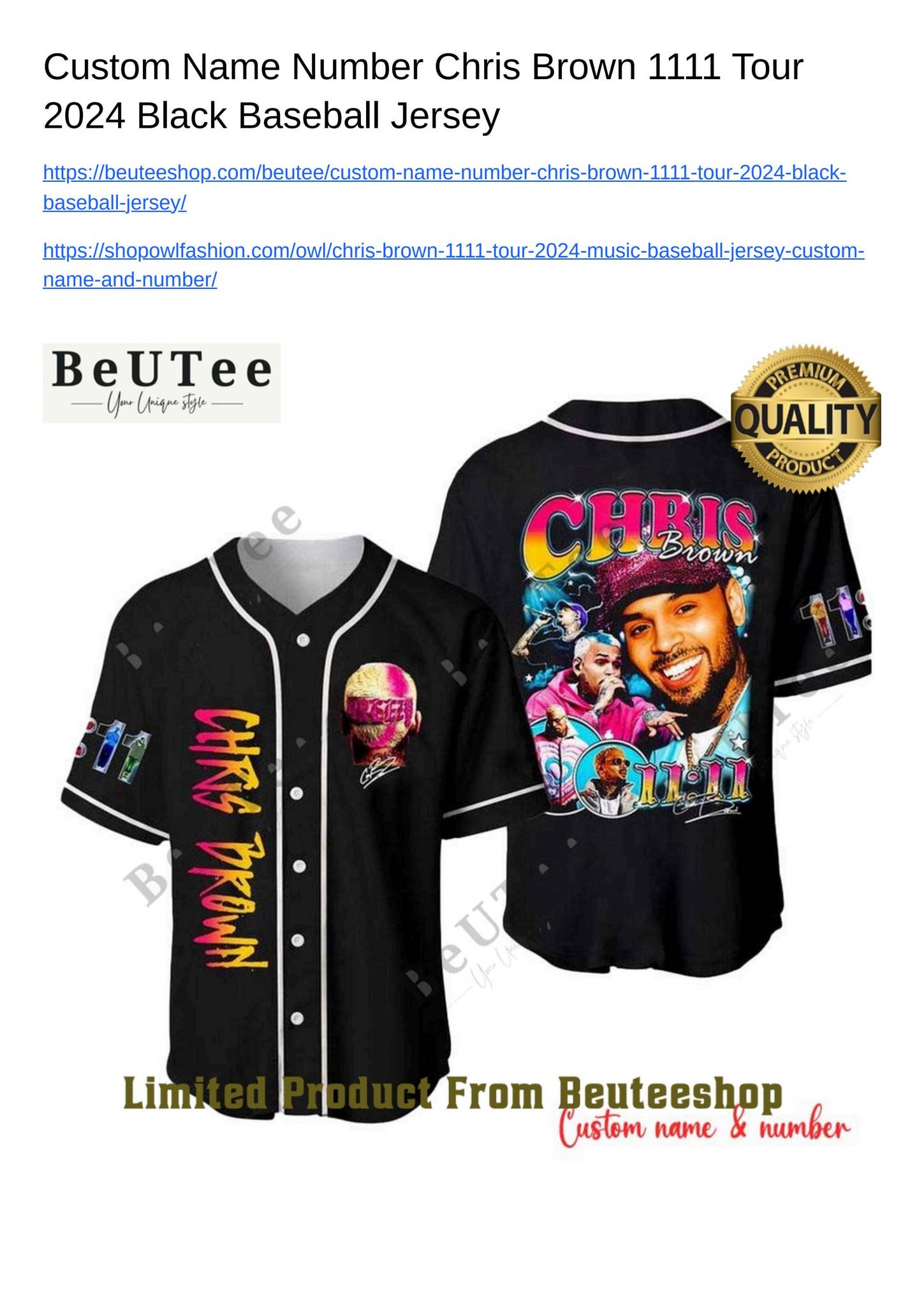 Custom Name Number Chris Brown 1111 Tour 2024 Black Baseball