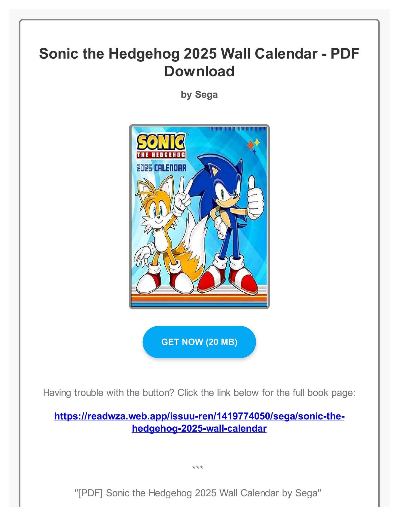 PDF] Sonic the Hedgehog 2025 Wall Calendar by Sega by