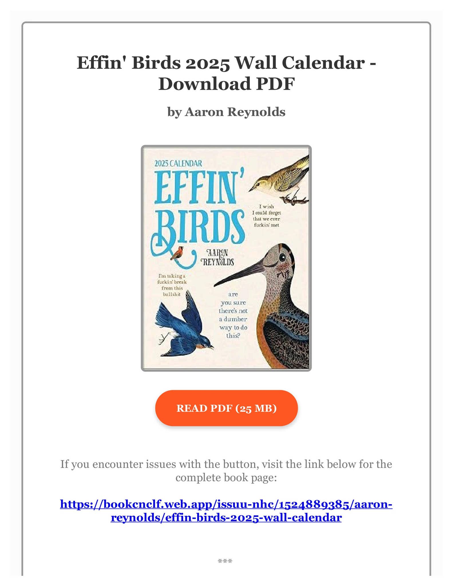 Pdf Free Effin' Birds 2025 Wall Calendar by Aaron Reynolds by