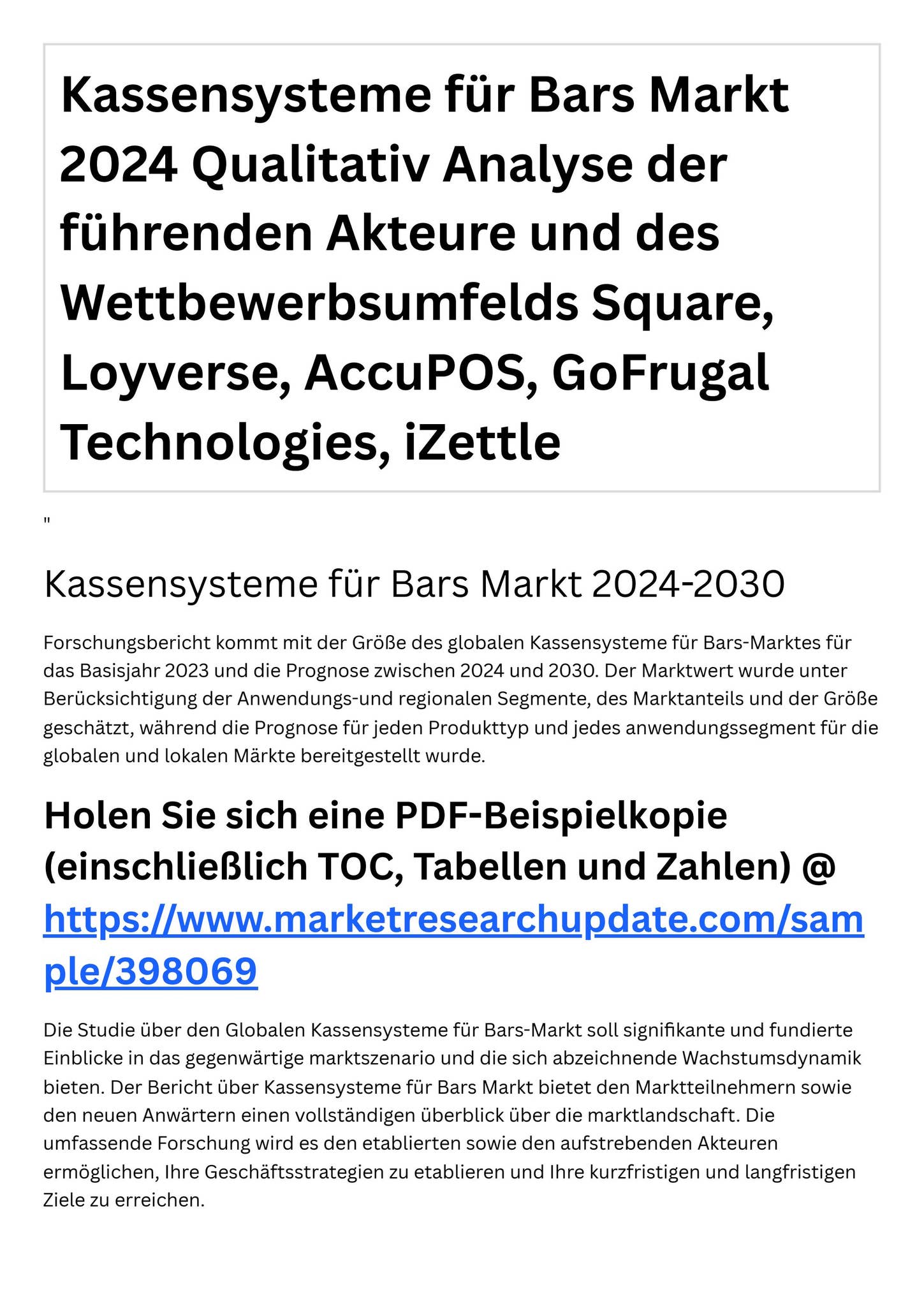 Die Studie über den Globalen Kassensysteme für Bars-Markt soll ...