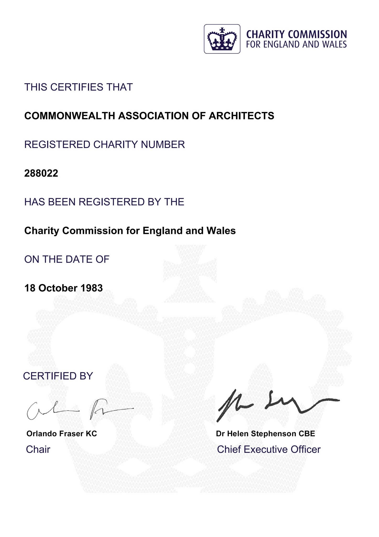 UK Charities Commission, Registration Certificate by Commonwealth ...
