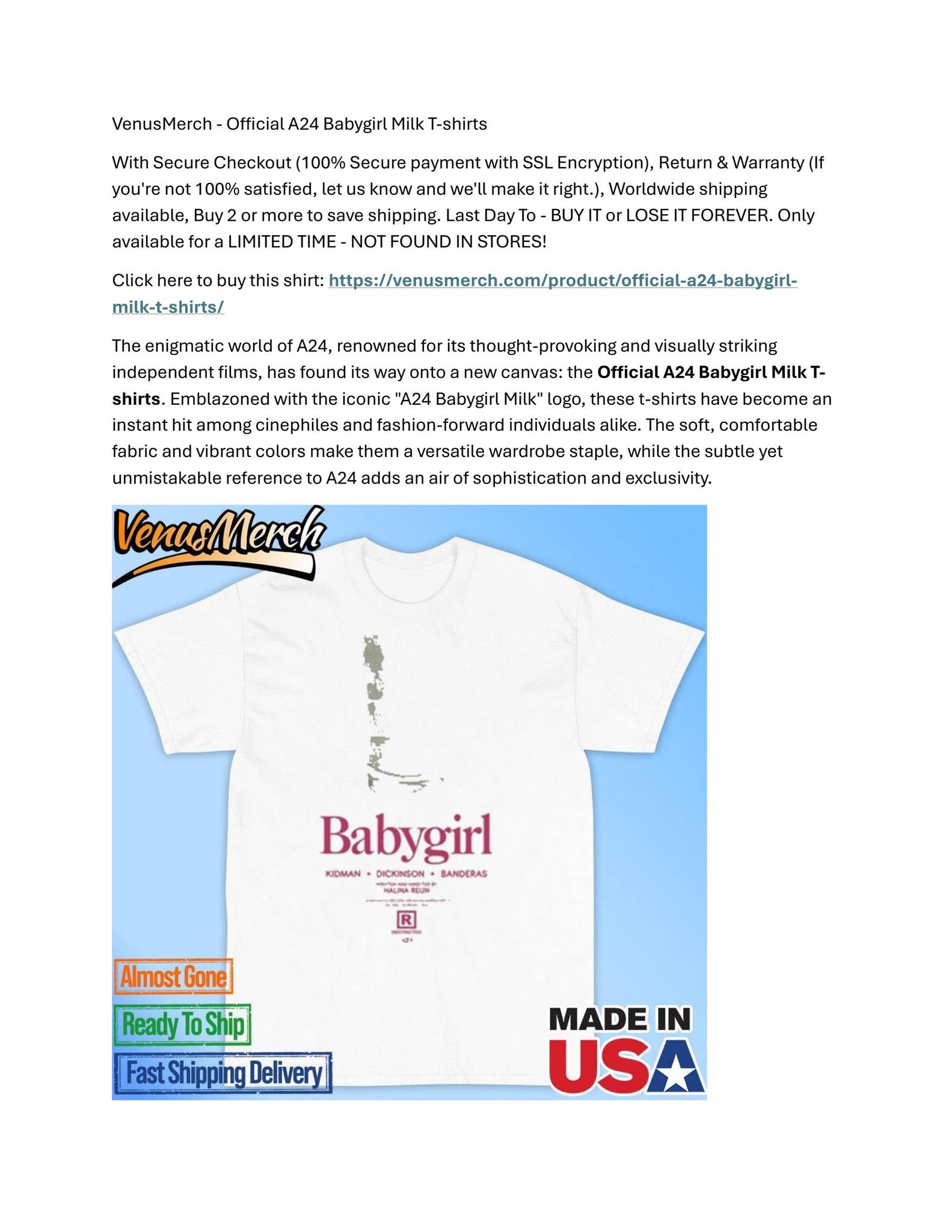 VenusMerch - Official A24 Babygirl Milk T-shirts by Venus Merch