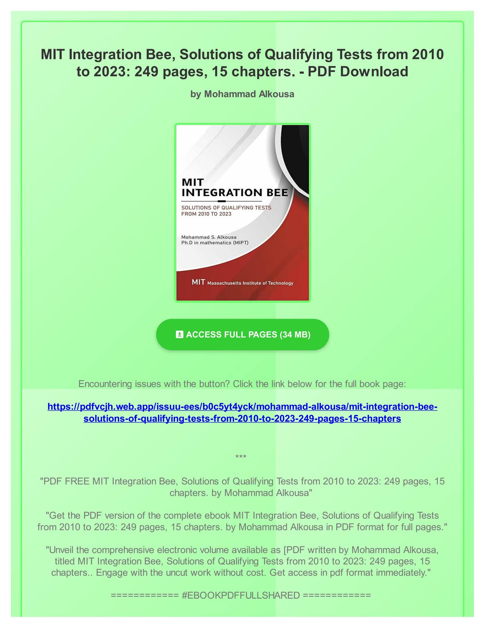 PDF FREE MIT Integration Bee, Solutions of Qualifying Tests