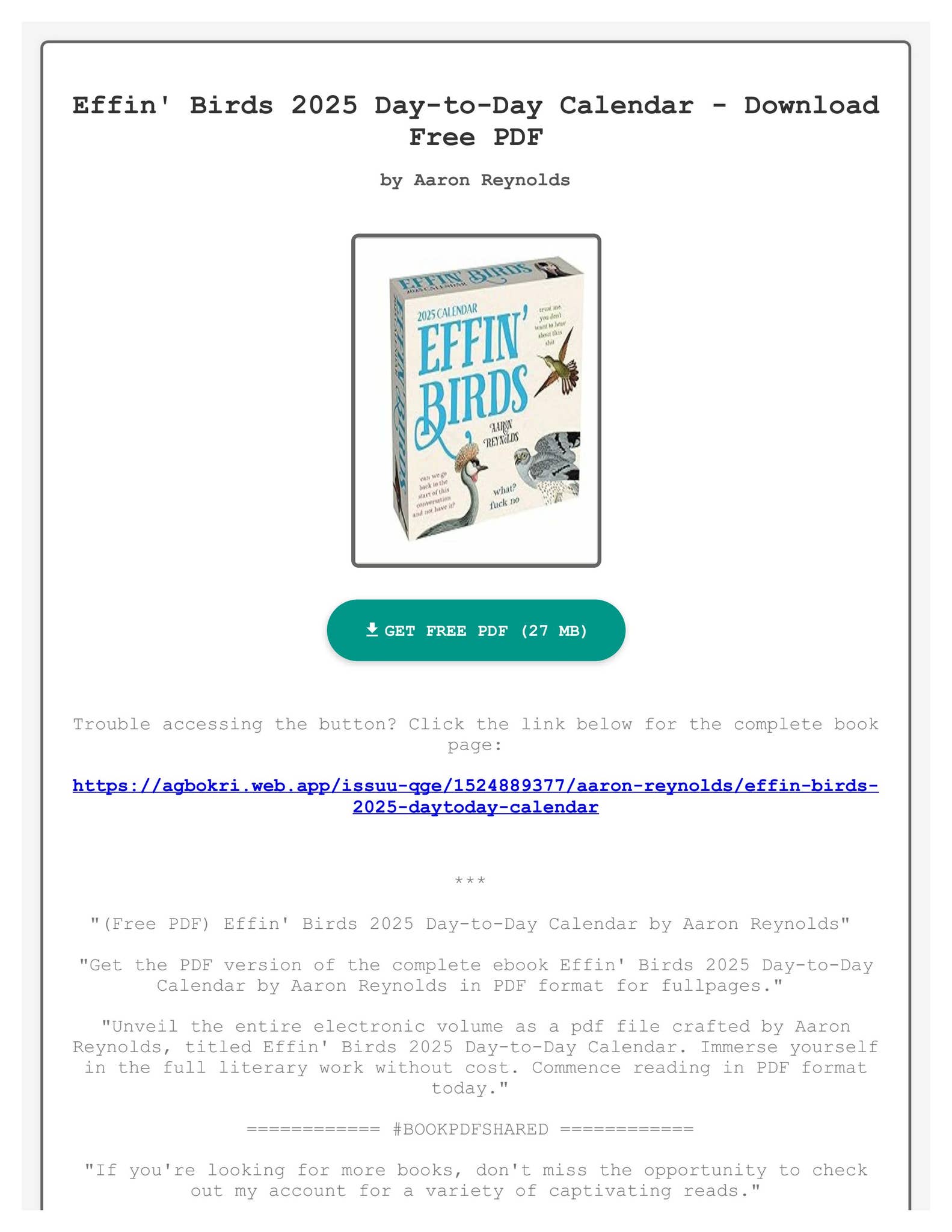 (Free PDF) Effin' Birds 2025 DaytoDay Calendar by Aaron Reynolds by