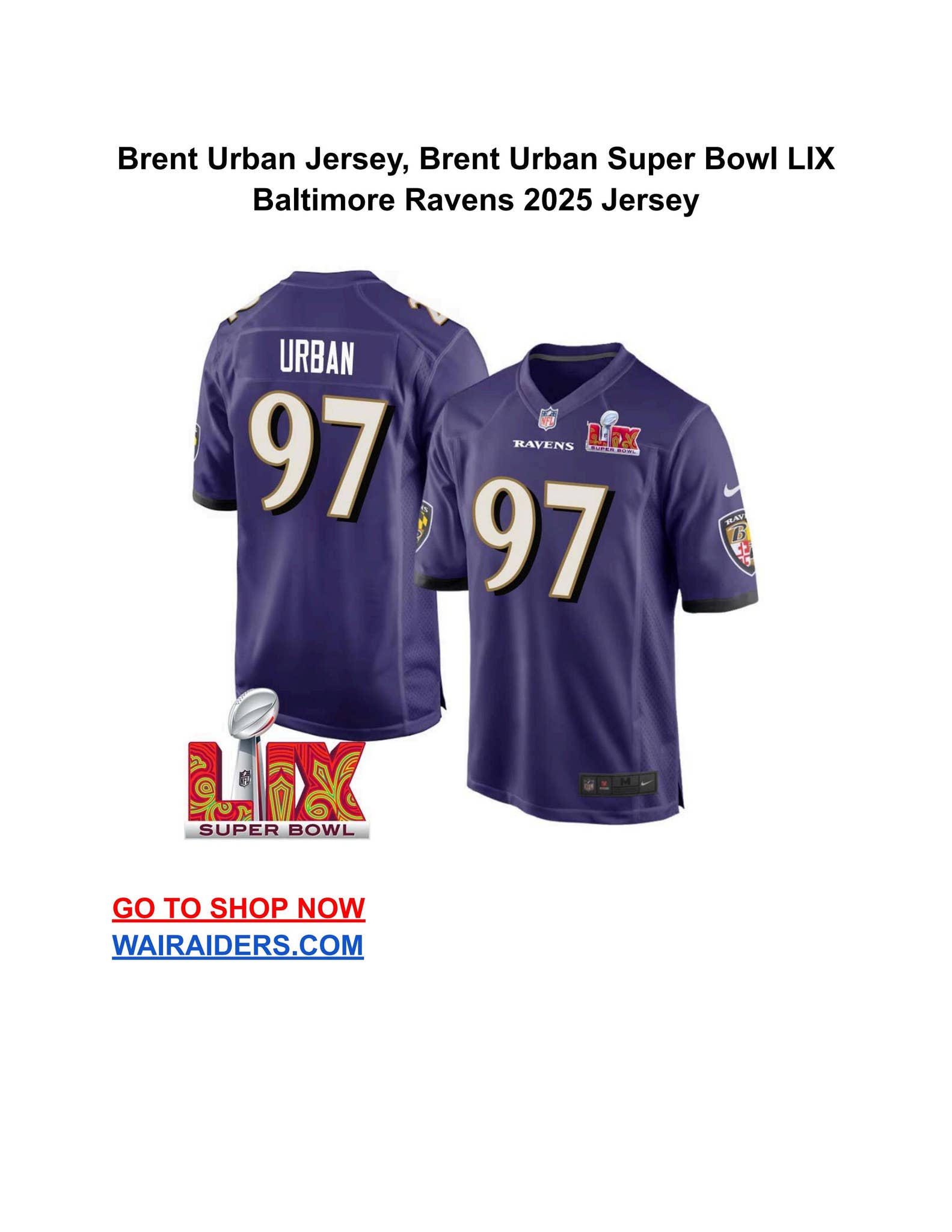 Brent Urban Jersey, Brent Urban Super Bowl LIX Baltimore