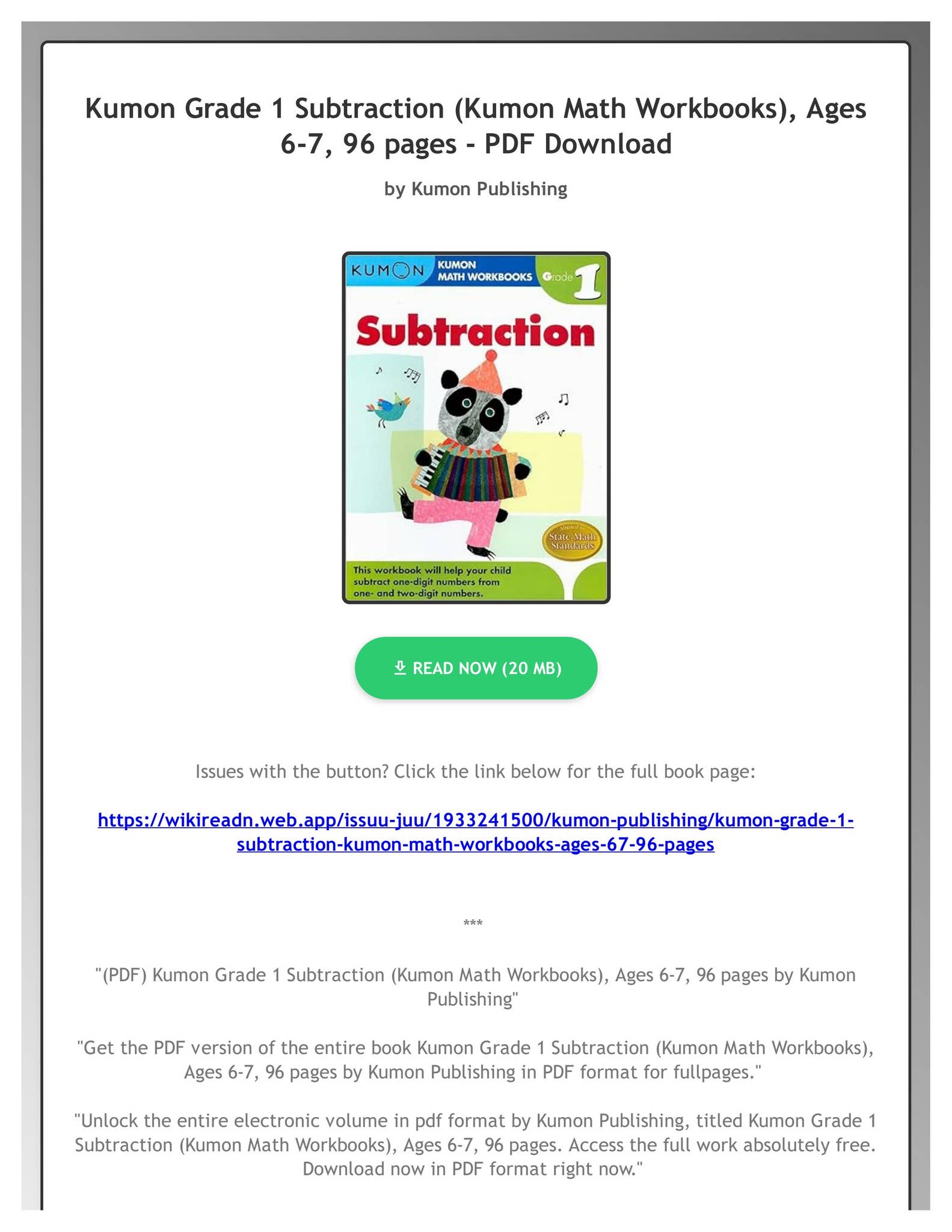 kumonページガンガゼ300 PDF) Kumon Grade 1 Subtraction (Kumon Math Workbooks), Ages