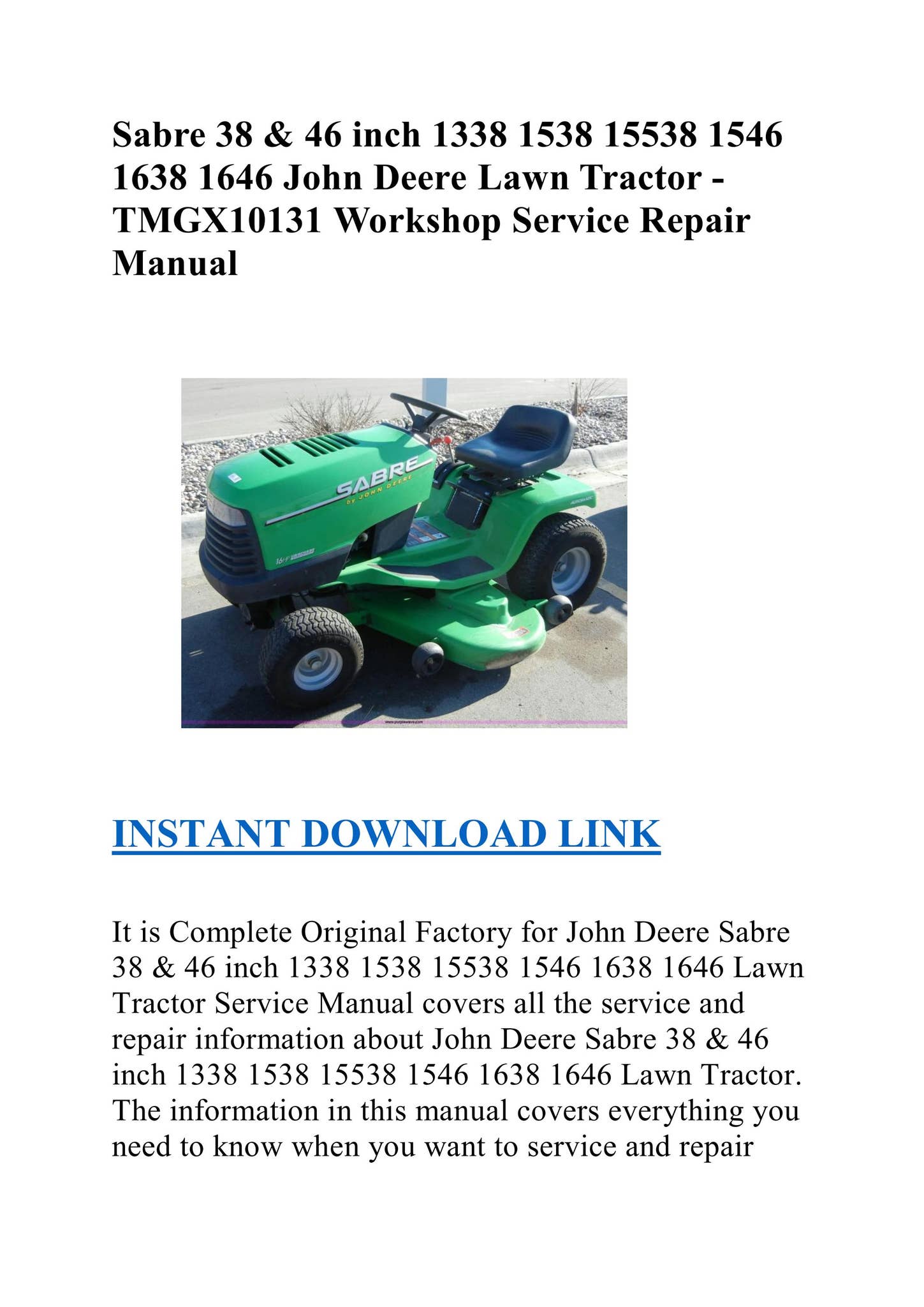 とと 15538 John Deere Hydro Sabre Lawn Tractor Service Repair