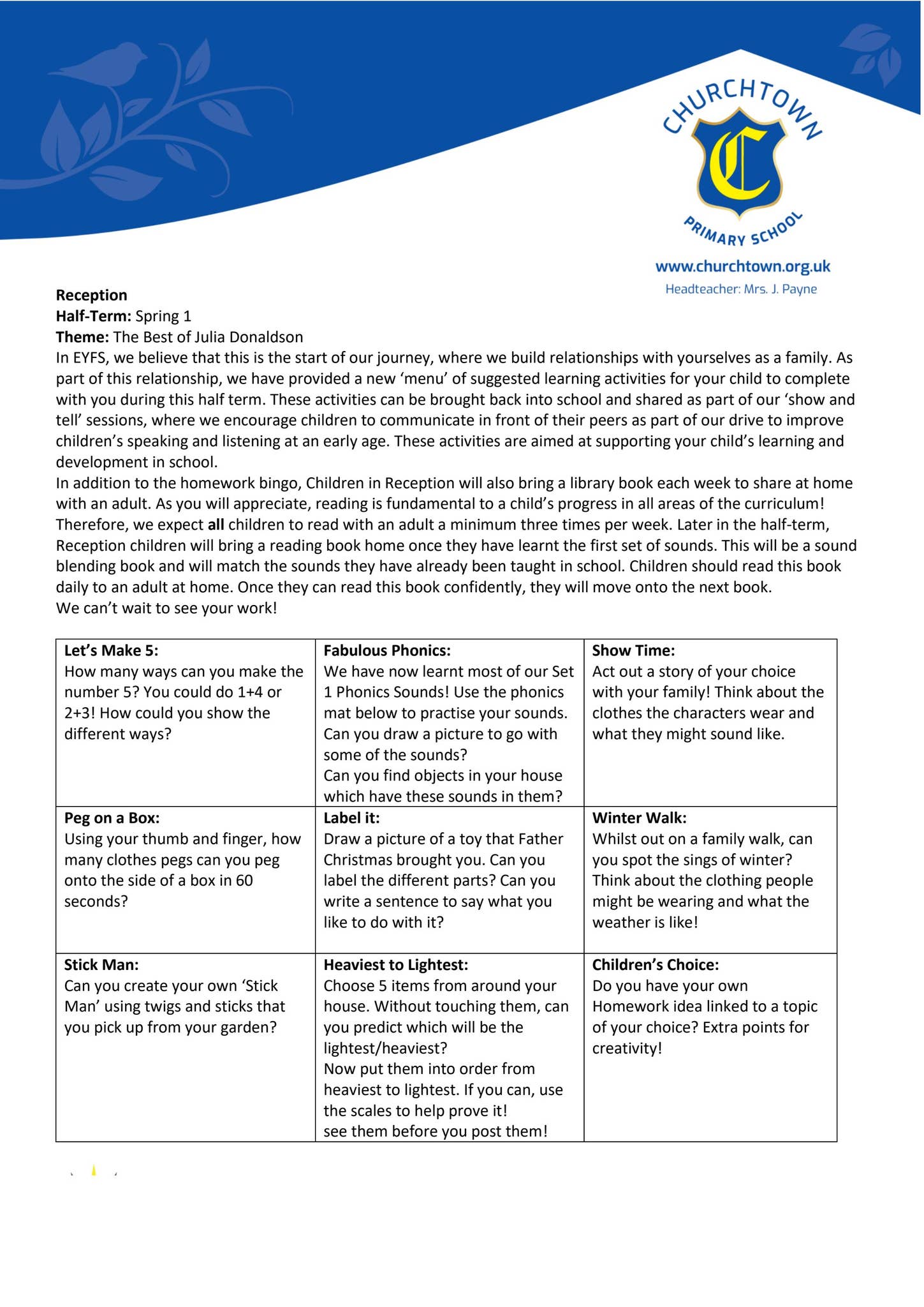 Reception Spring 1 Homework Menu by Schudio - Issuu