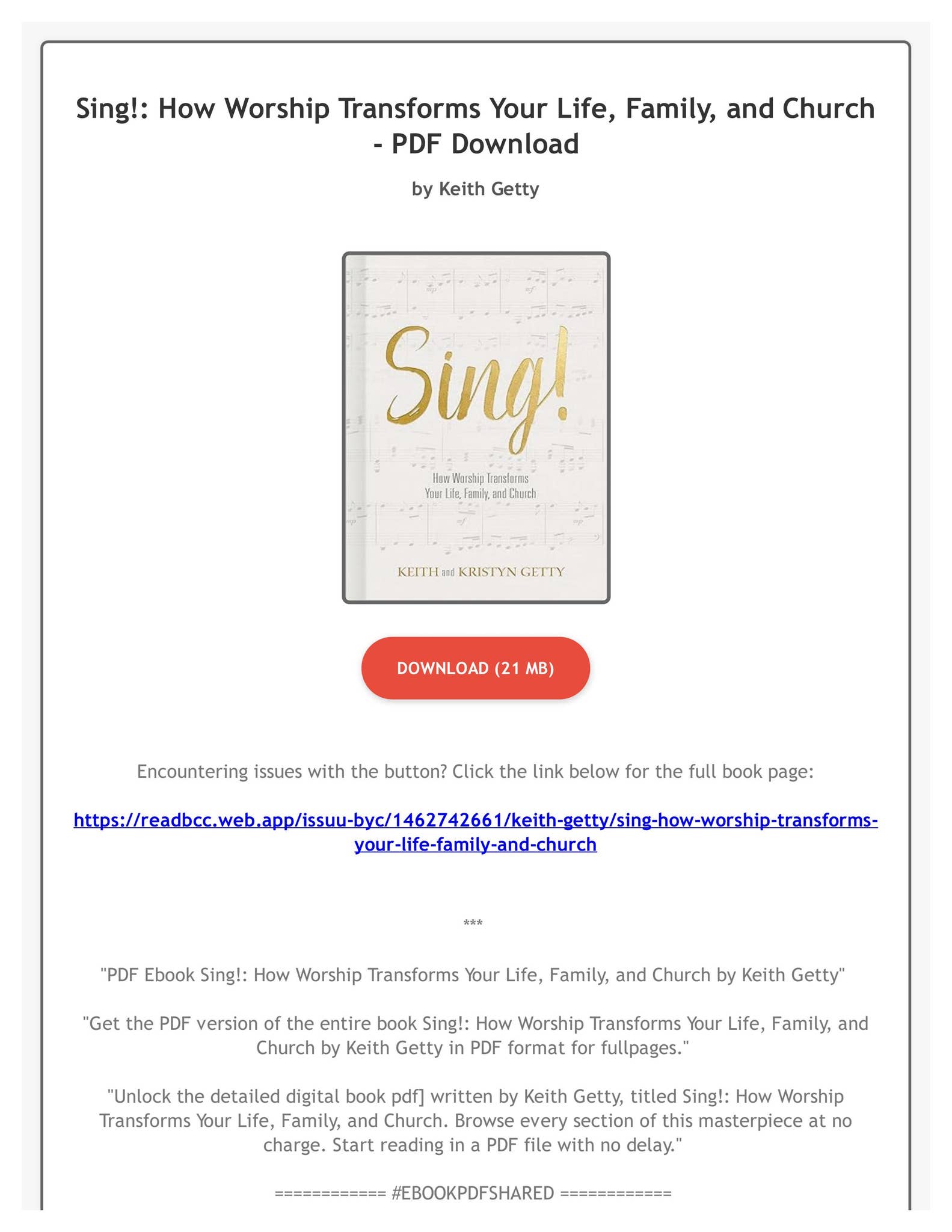 PDF Ebook Sing!: How Worship Transforms Your Life, Family, and Church ...