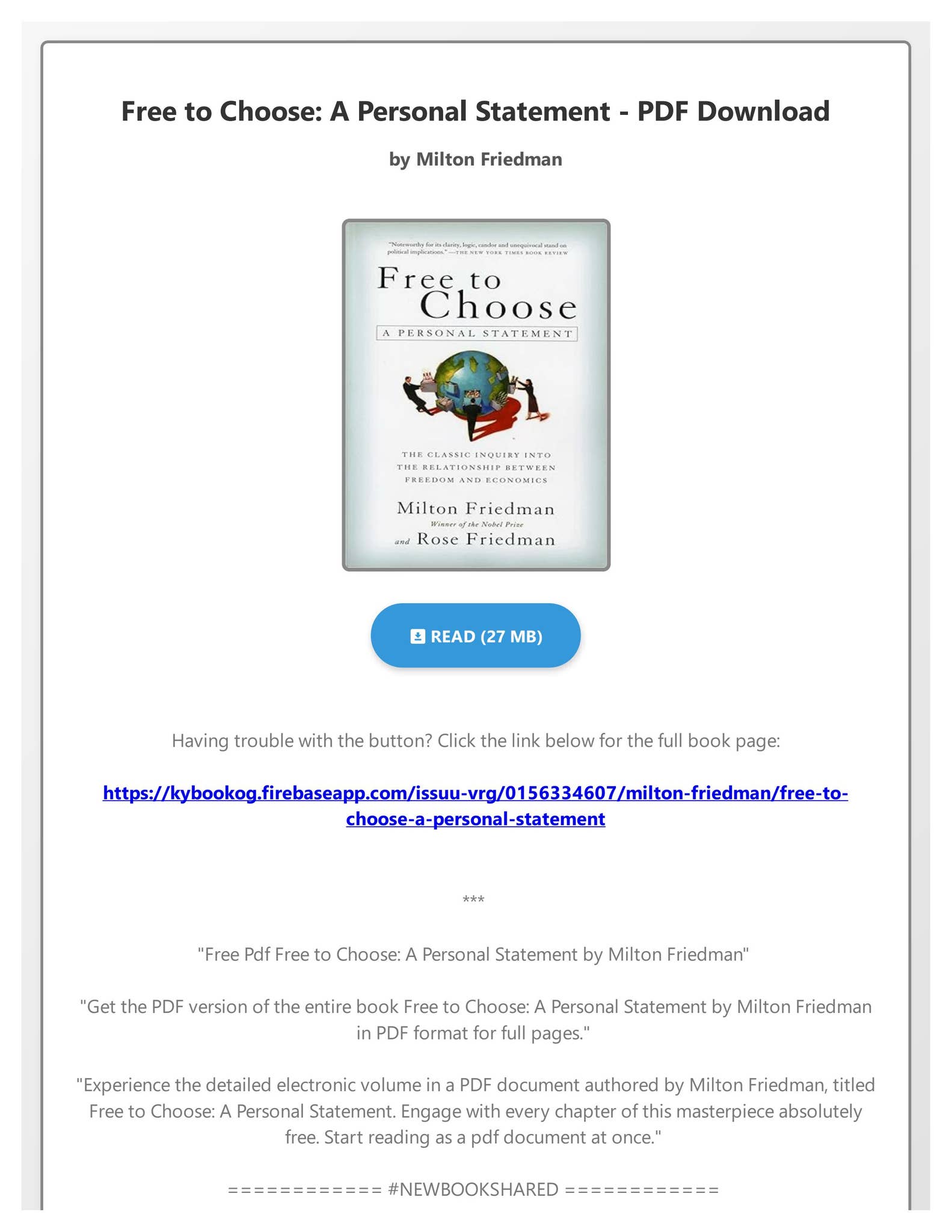 Free pdf free to choose a personal statement by milton friedman by
