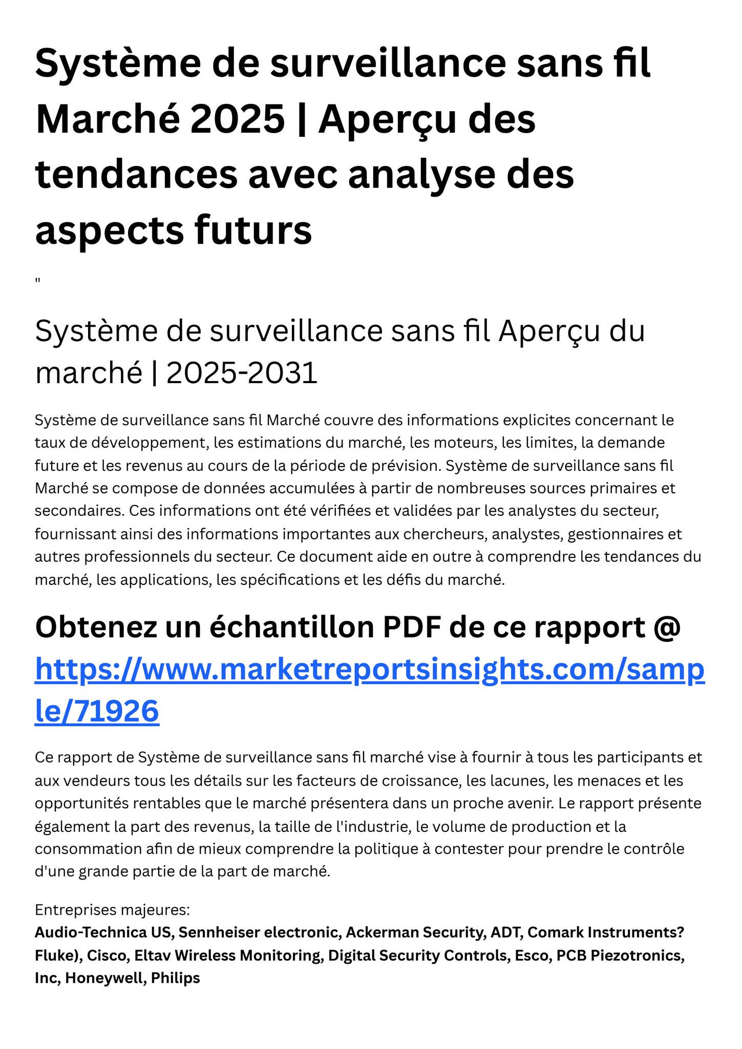 Système de surveillance sans fil Marché 2025 Aperçu des tendances avec ...