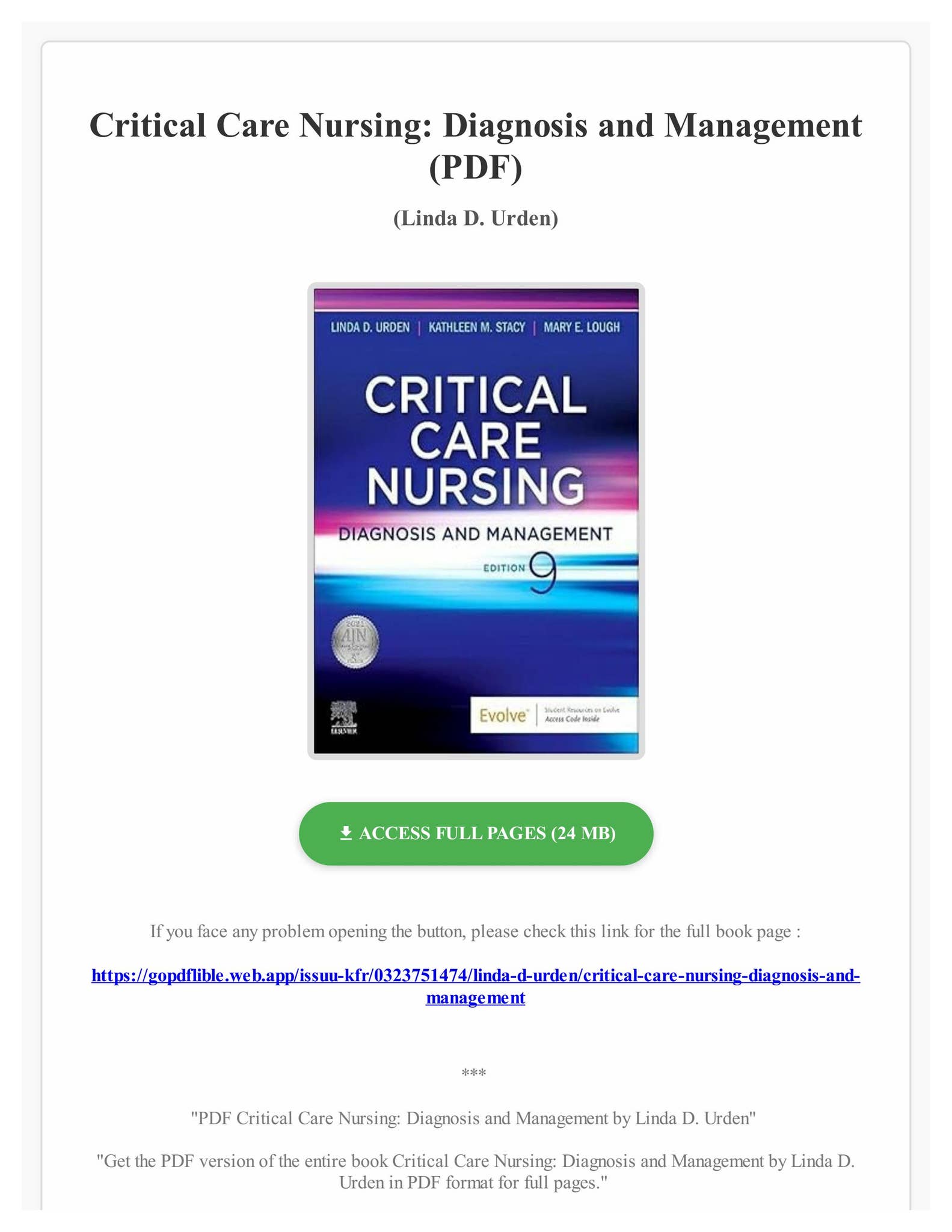 PDF Critical Care Nursing: Diagnosis and Management by Linda