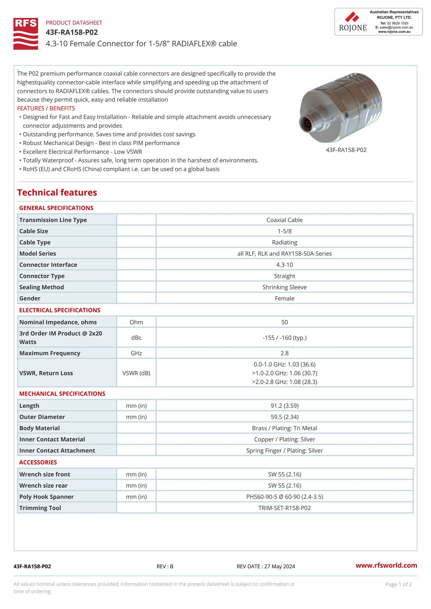 43F-RA158-P02 | RFS | 4.3-10 Female Connector for 1-5/8