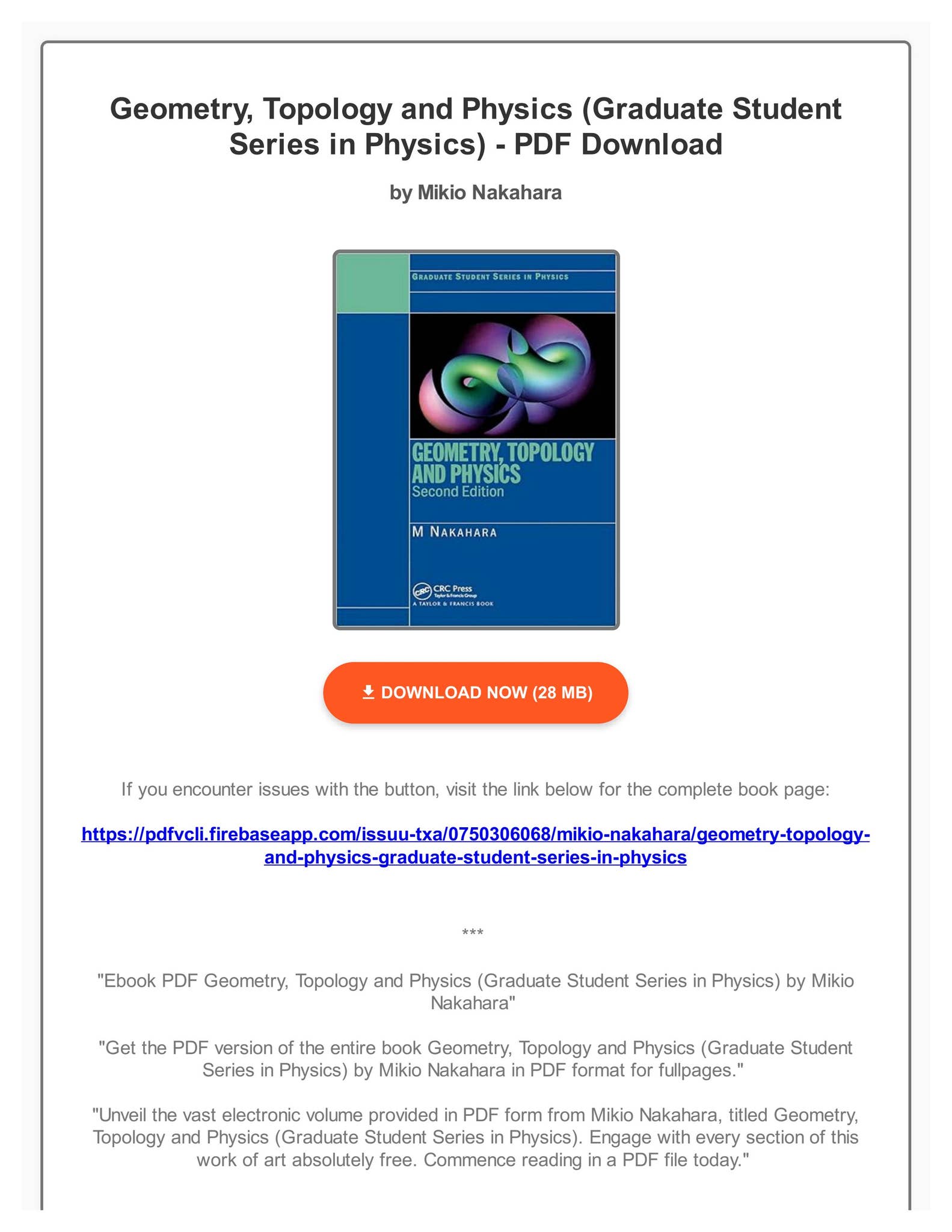 Ebook PDF Geometry, Topology and Physics (Graduate Student