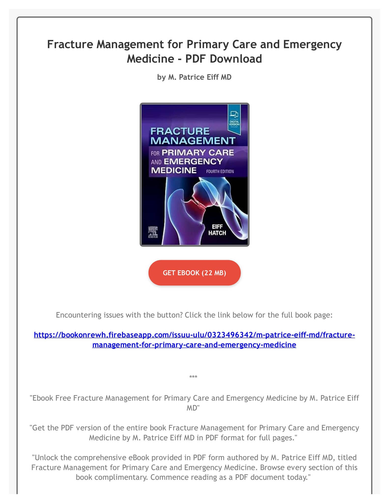 Fracture Management for Primary Care Updated Edition Eiff MD， M. Patrice; Hatch MD  MPH， Robert L. Ebook Free Fracture Management for Primary Care and
