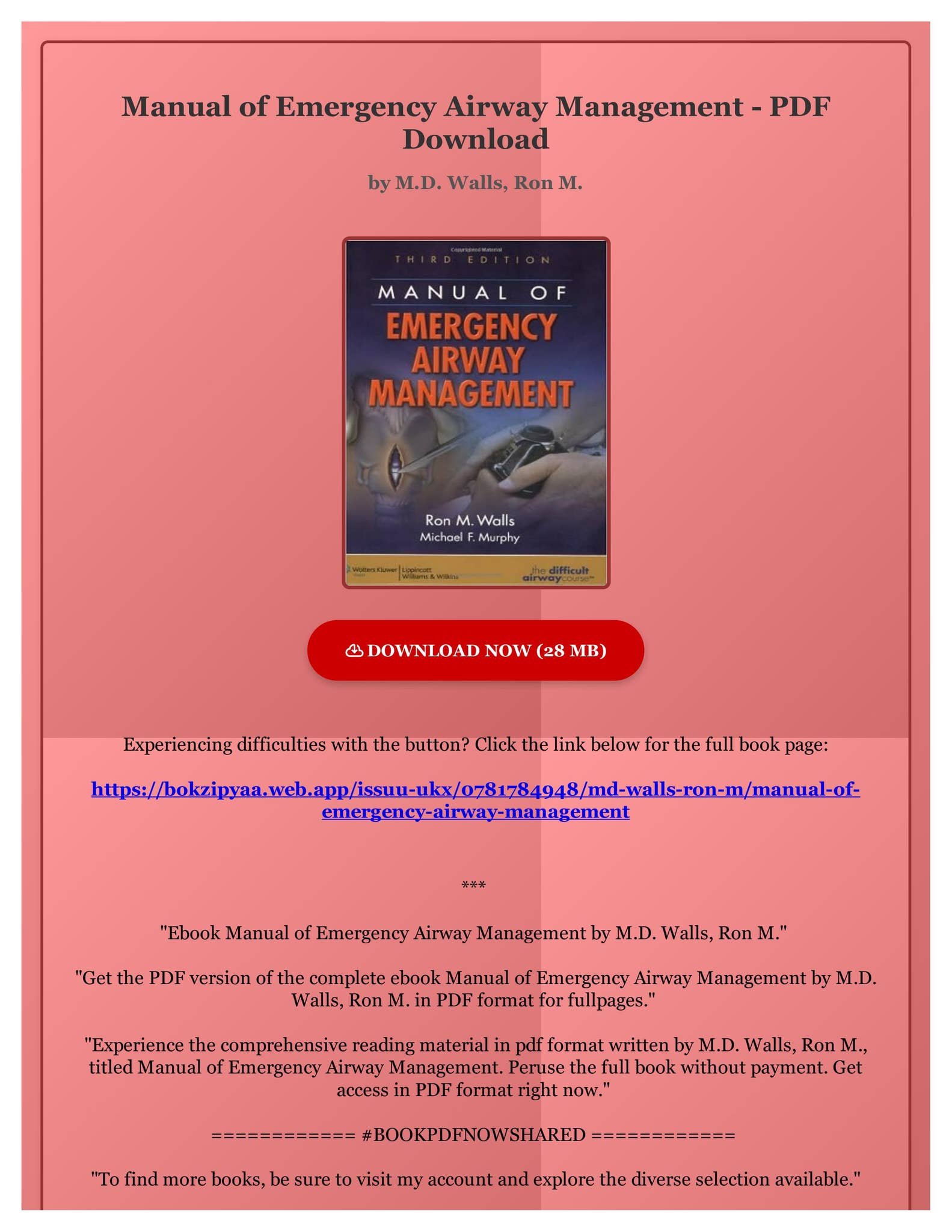 Manual of Emergency Airway Management Walls， Ron M.， M.D.; Murphy， Michael F.， M.D. The Walls Manual of Emergency Airway Management by Calvin A
