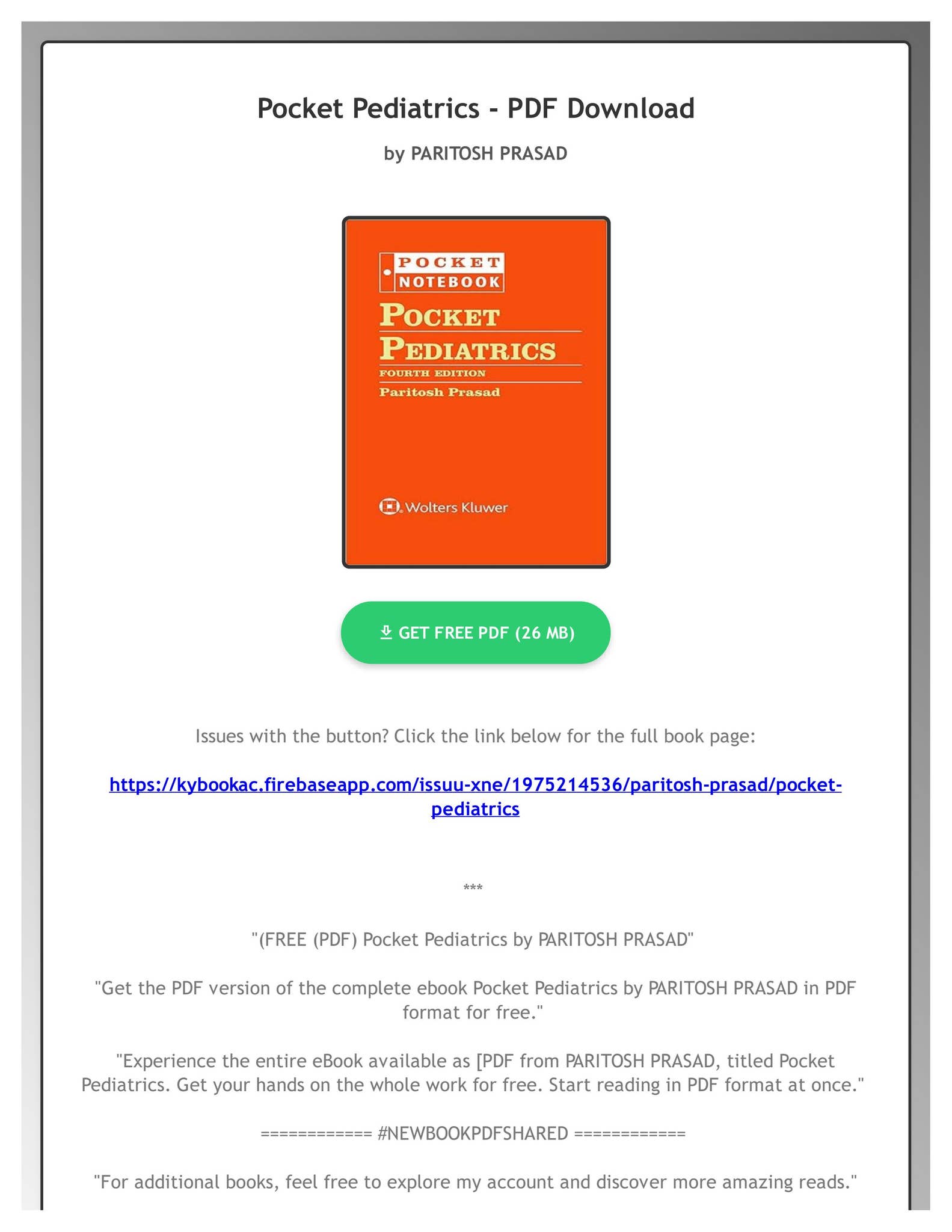 FREE (PDF) Pocket Pediatrics by PARITOSH PRASAD by