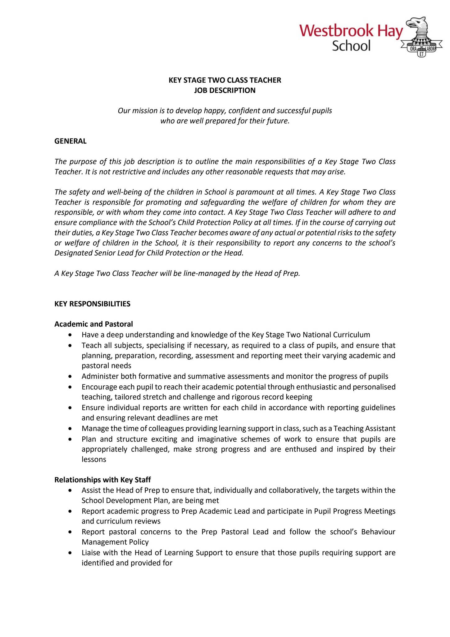 Class Teacher Job Description