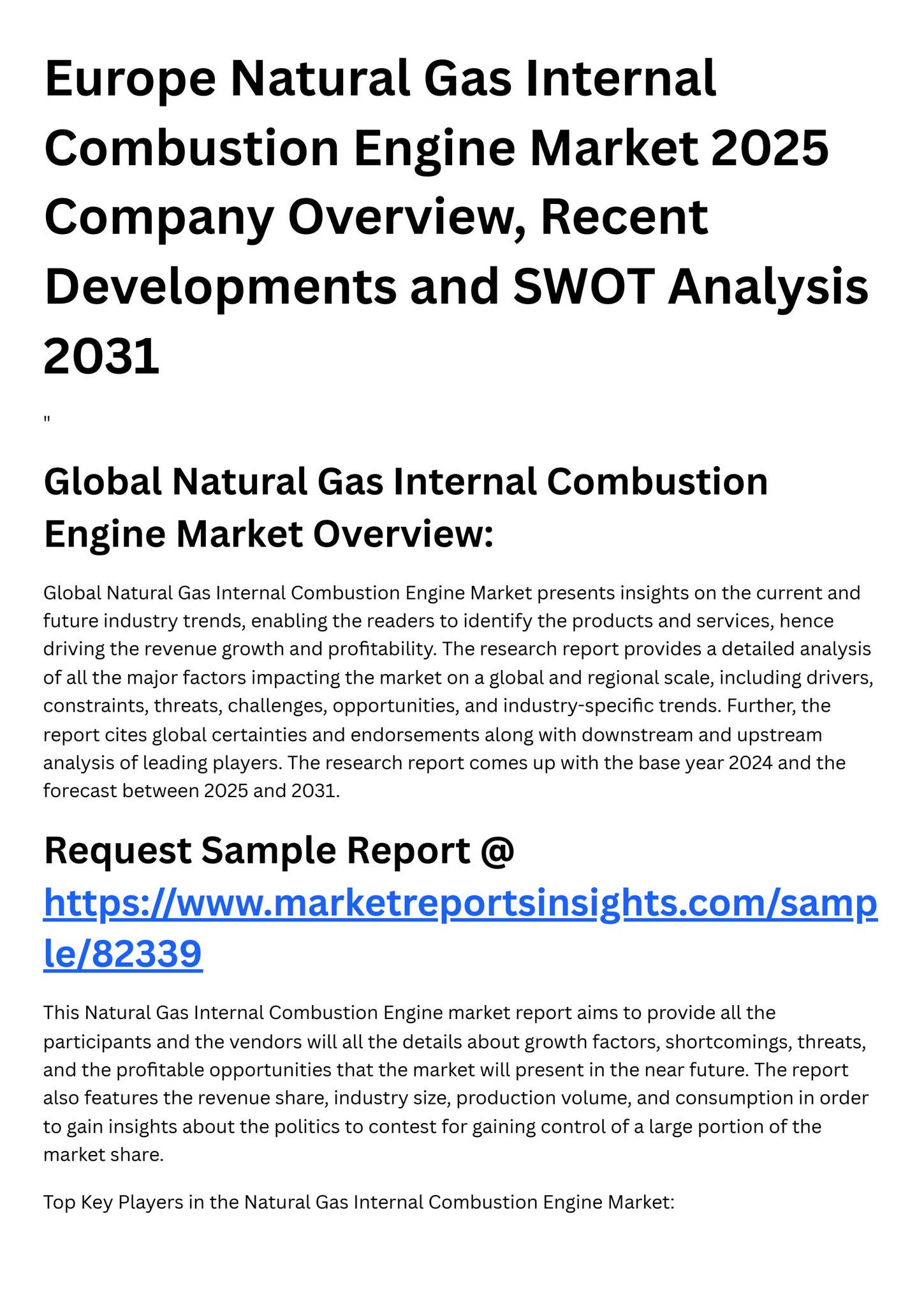 Europe Natural Gas Internal Combustion Engine Market 2025 Company ...