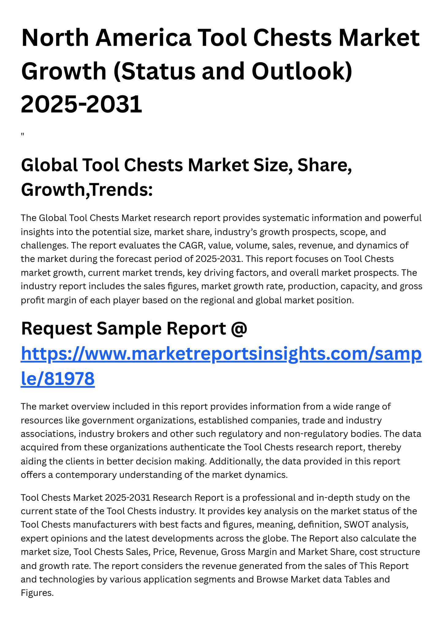 North America Tool Chests Market Growth (Status and Outlook) 20252031