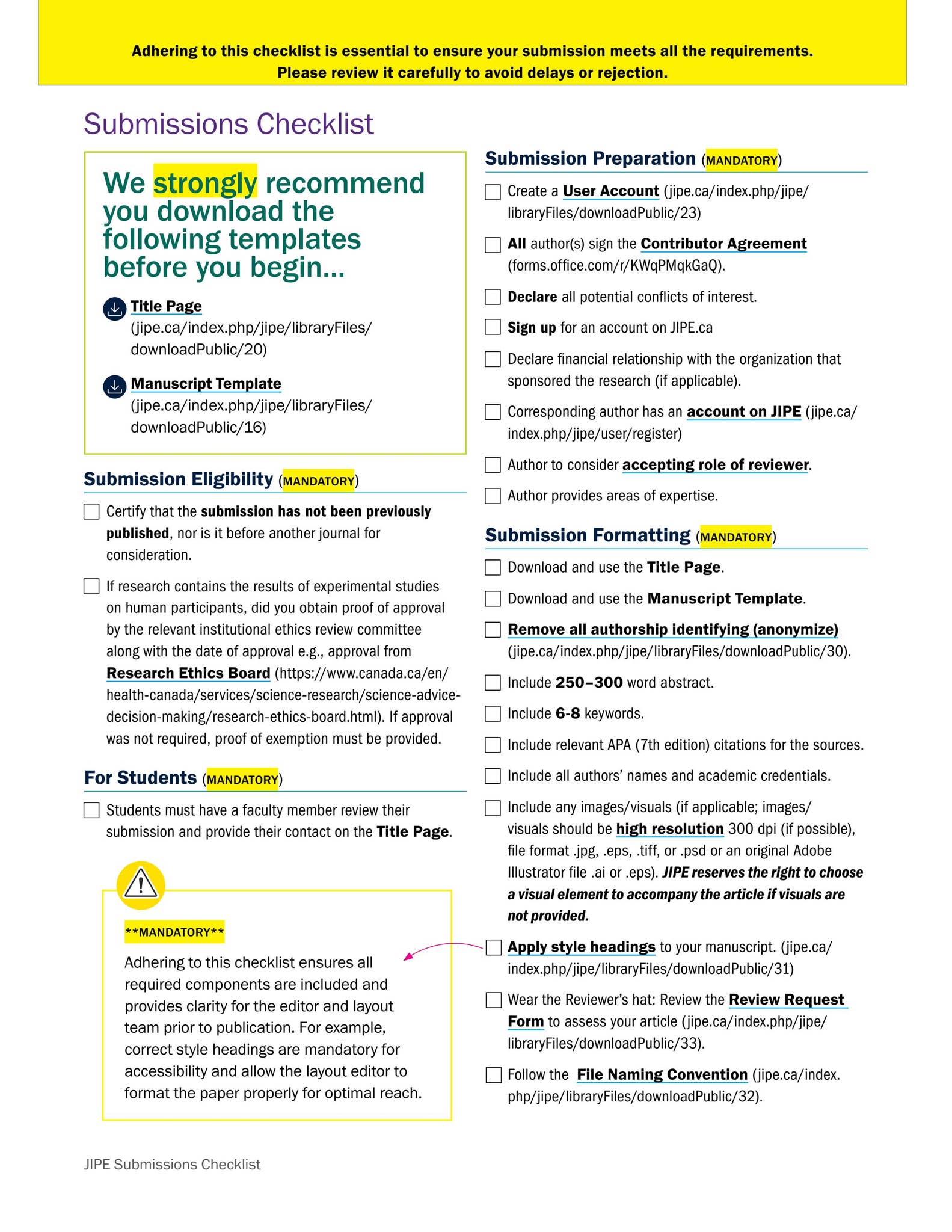 JSubmission Checklist by Humber Press 