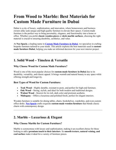 Best Materials for Custom Made Furniture in Dubai