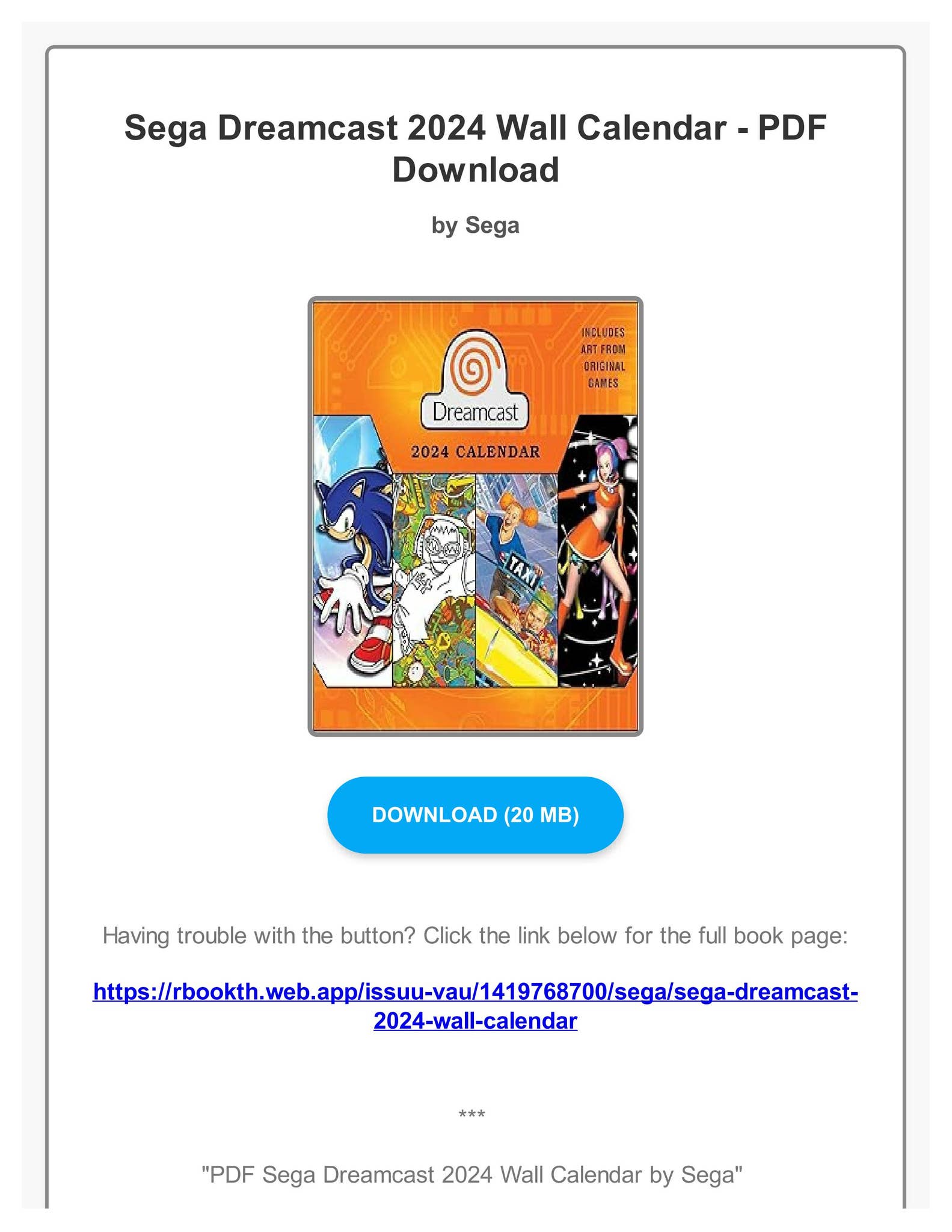 PDF Sega Dreamcast 2024 Wall Calendar by Sega by SchowalterVit Issuu